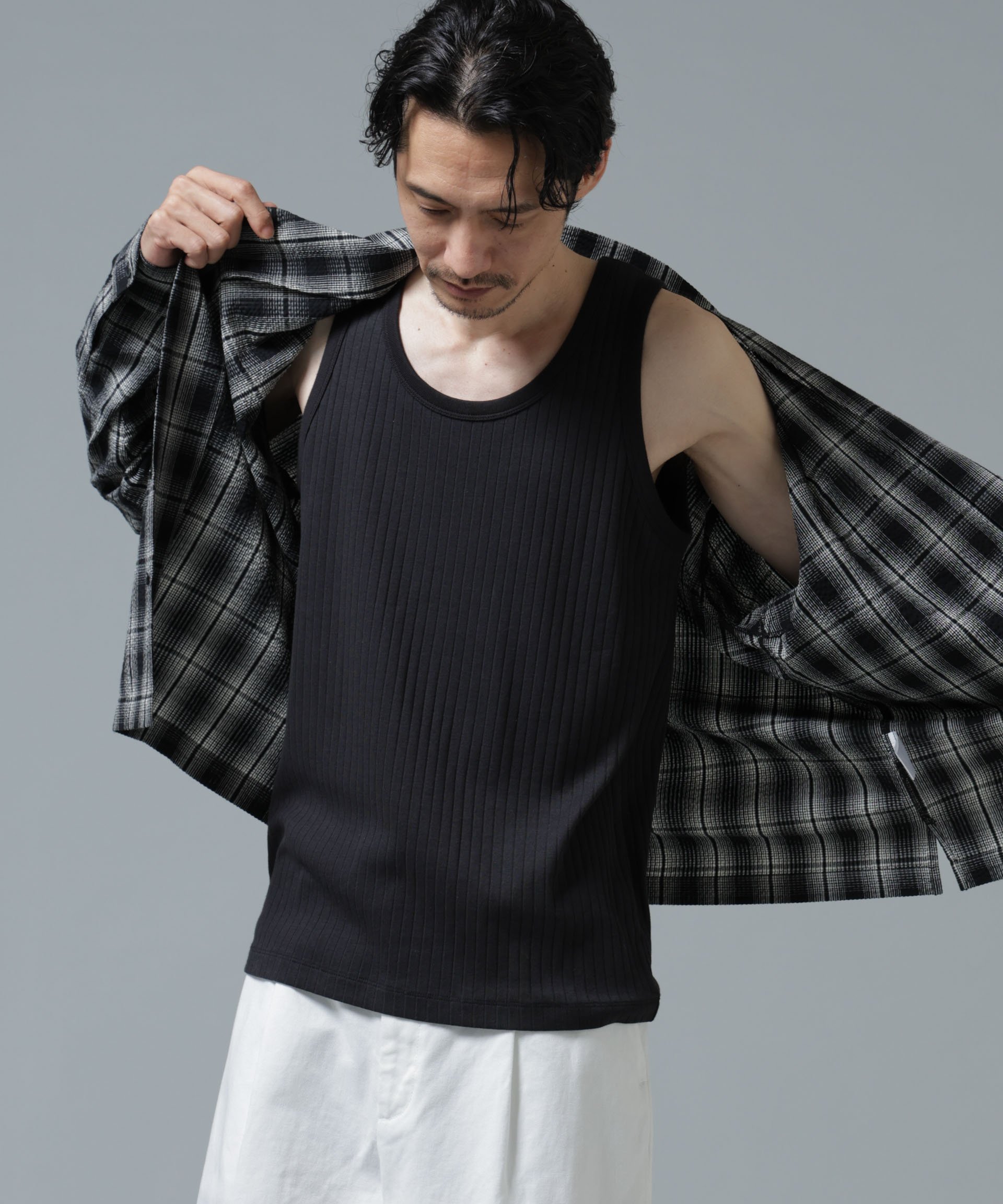 NANO universe Anti Soaked(R) 汗染み防止 リブタンクトップ ナノユニバース トップス カットソー・Tシャツ ブラック ホワイト グレー