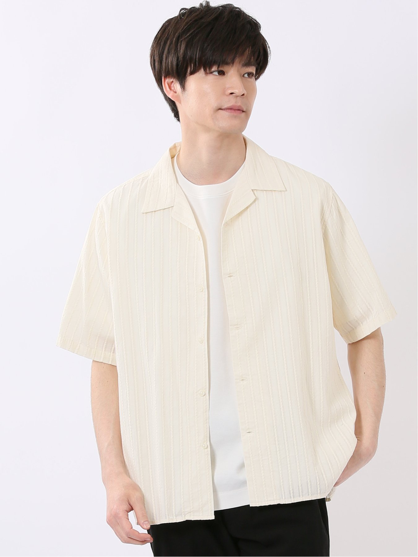 TAKA-Q 綿 カラミ ドビー オープンカラー 半袖 シャツ タカキュー トップス シャツ・ブラウス ブラウン ホワイト【送料無料】