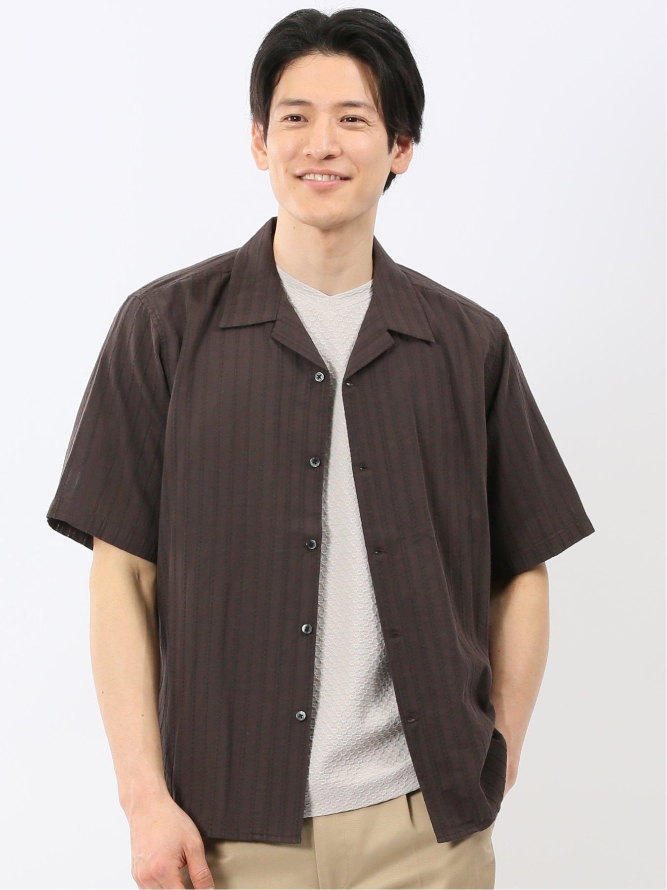 TAKA-Q 綿 カラミ ドビー オープンカラー 半袖 シャツ タカキュー トップス シャツ・ブラウス ブラウン ホワイト【送料無料】