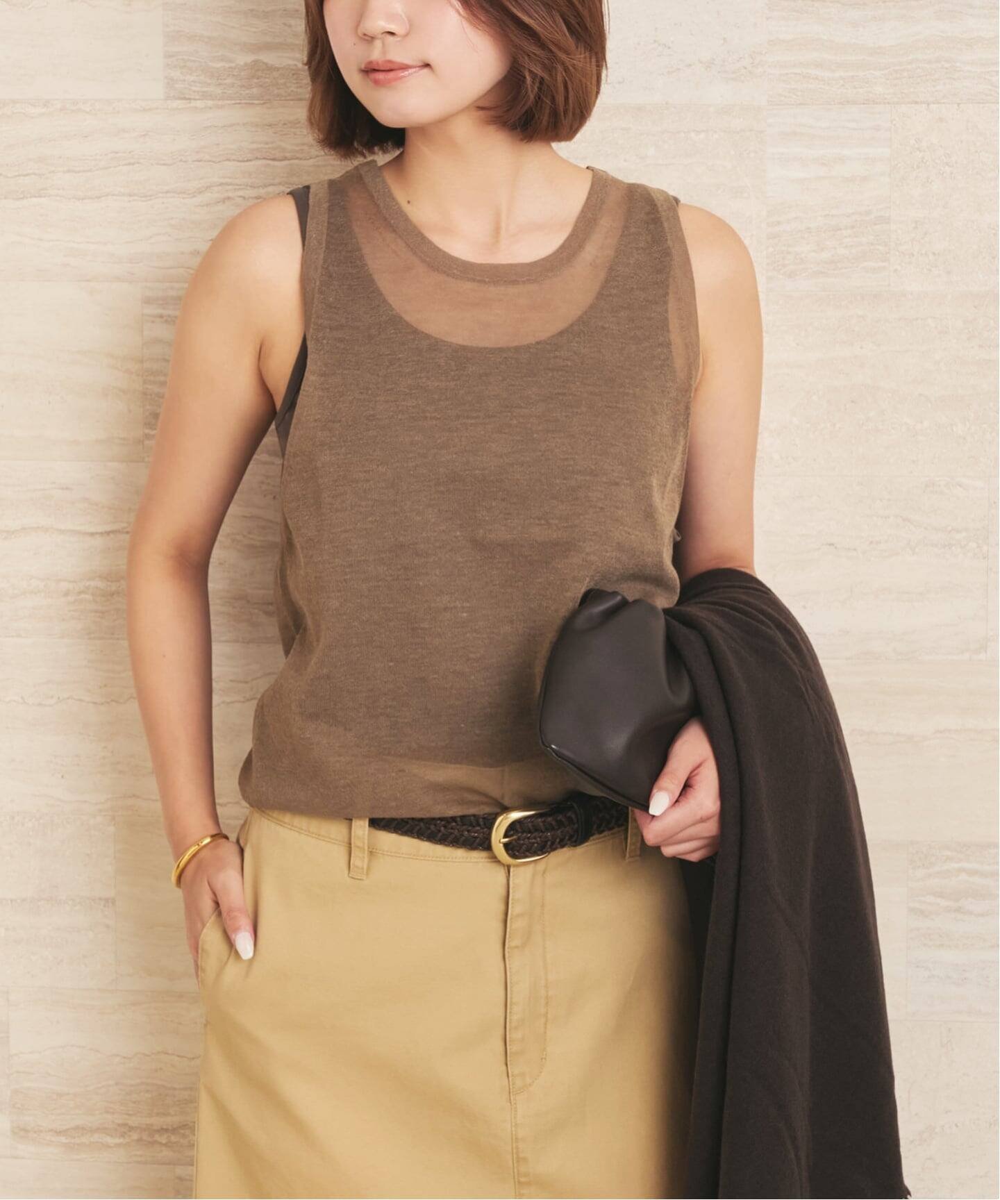 plage PL/RAMIE シアータンクトップ プラージュ トップス ノースリーブ・タンクトップ ベージュ ブラウン ブルー