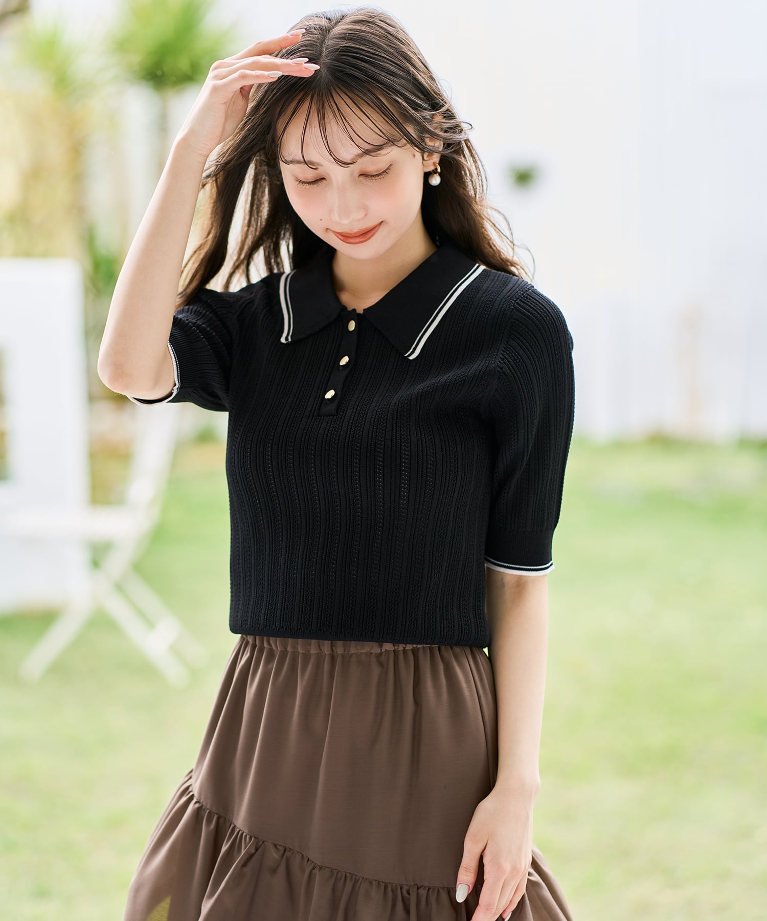 【SALE／30%OFF】31 Sons de mode 2026春夏新作 アイレット編みポロニット トランテアン ソン ドゥ モード トップス ニット ブラック ホワイト ピンク【送料無料】