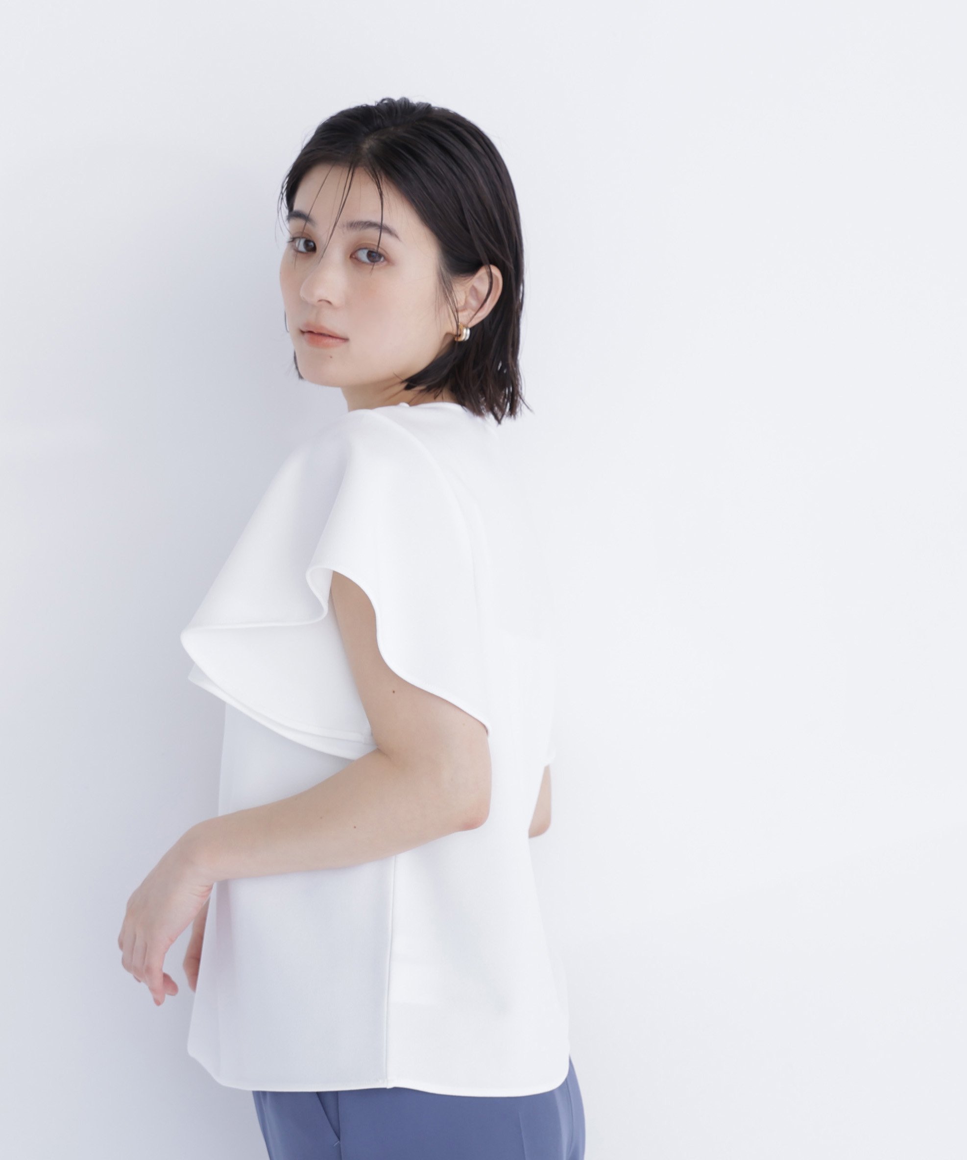 NATURAL BEAUTY BASIC カットジョーゼットトップス ナチュラルビューティベーシック トップス カットソー・Tシャツ ホワイト ネイビー