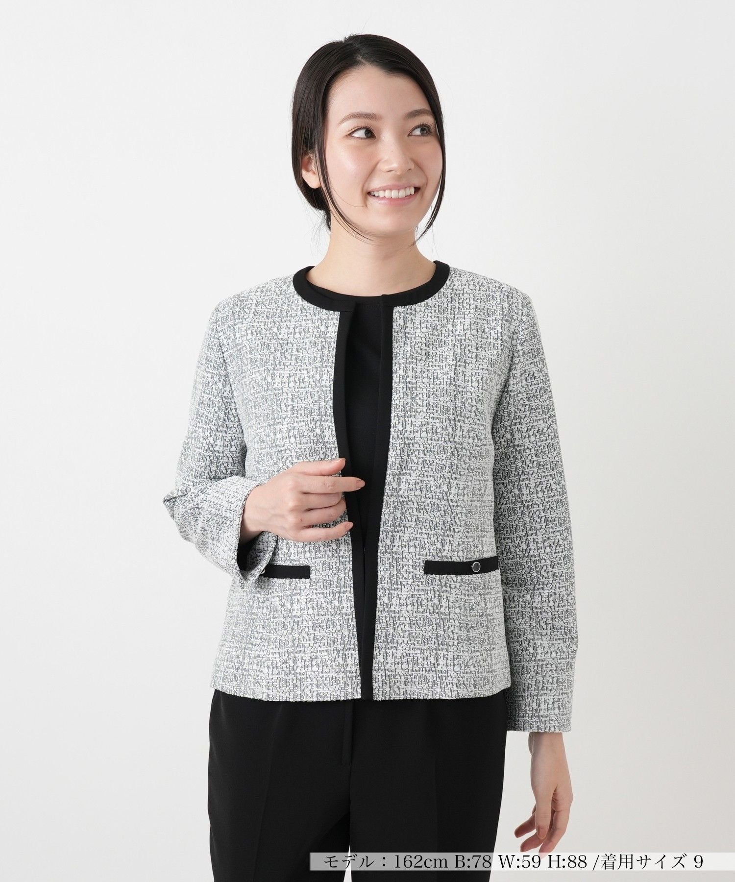 Leilian ツイードノーカラージャケット【Leilian WHITE LABEL】 レリアン ジャケット・アウター テーラードジャケット・ブレザー ブラック ネイビー