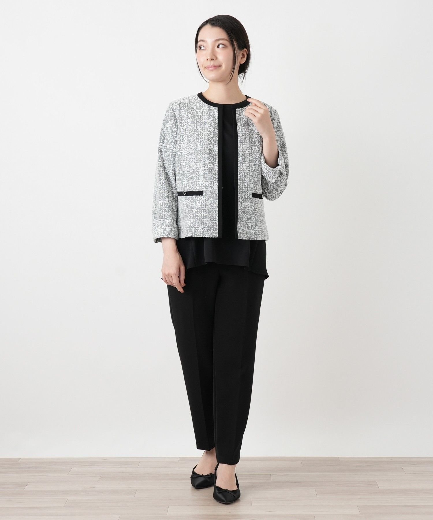 Leilian ツイードノーカラージャケット【Leilian WHITE LABEL】 レリアン ジャケット・アウター テーラードジャケット・ブレザー ブラック ネイビー