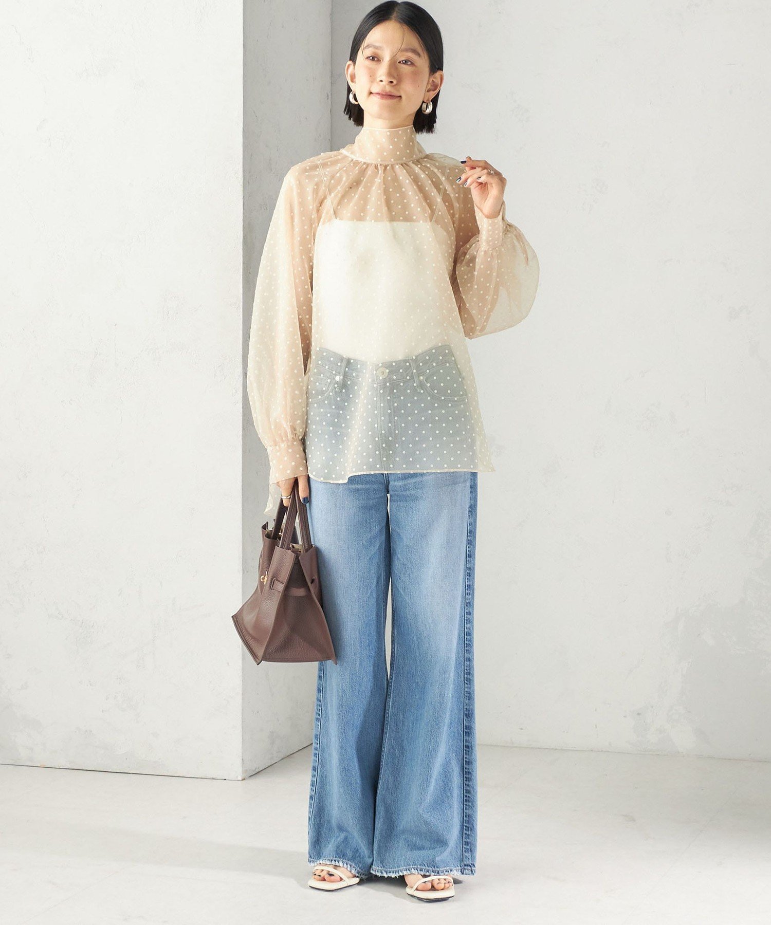 WOMEN ＜手洗い可能＞オーガンジー フロッキー ドット リボン ブラウス シップス トップス シャツ・ブラウス ベージュ ブラウン