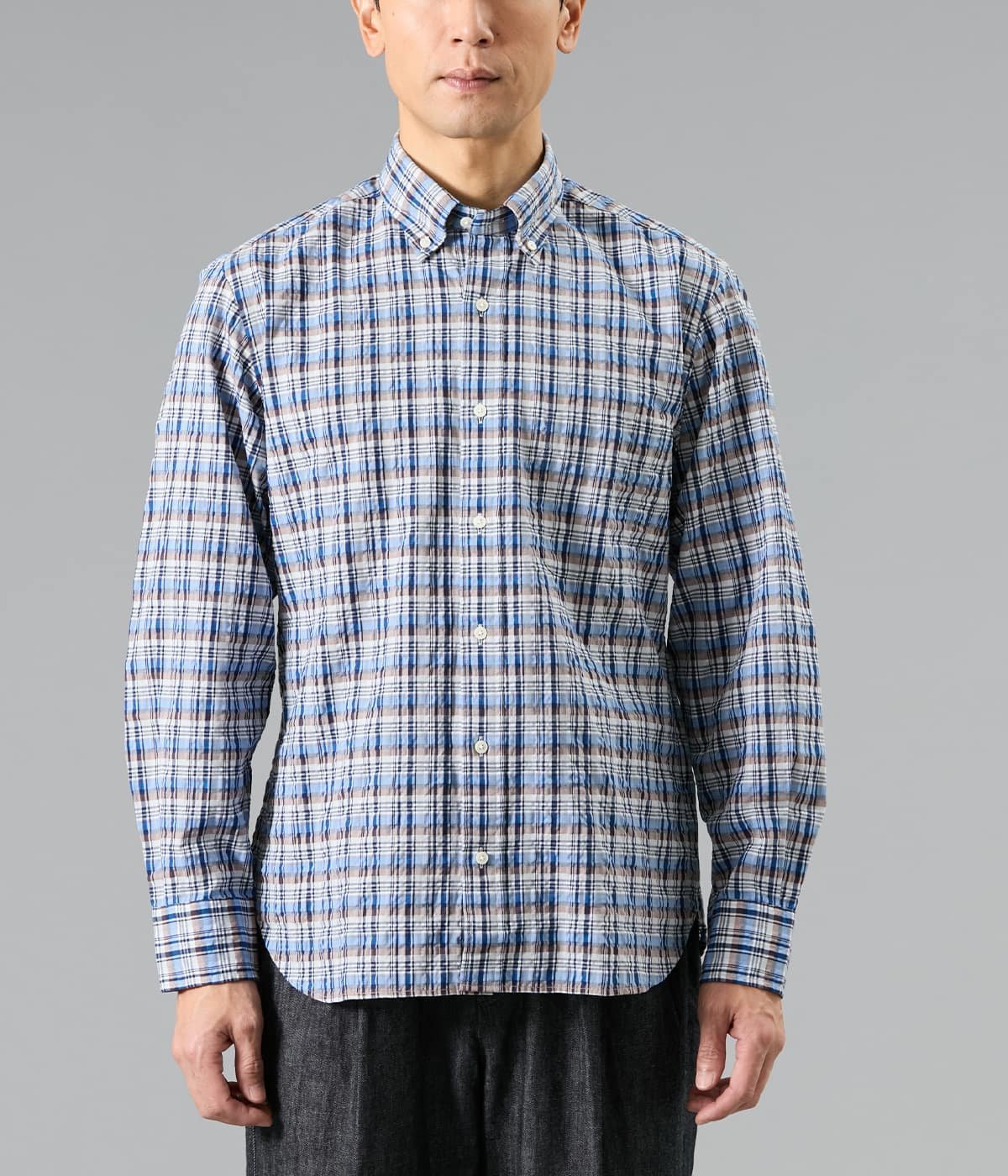 NEWYORKER MEN 【吸水速乾】サッカー ネイビーチェック 長袖ショートボタンダウンシャツ ニューヨーカー トップス シャツ・ブラウス ネイビー