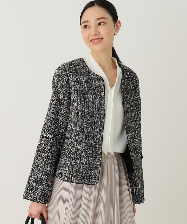 【SALE／20%OFF】THE SHOP TK 【セレモニー/入卒/通勤スタイル】ラメツイードノーカラージャケット ザ ショップ ティーケー ジャケット・アウター ノーカラージャケット ブラック グレー ネイビー【送料無料】のサムネイル