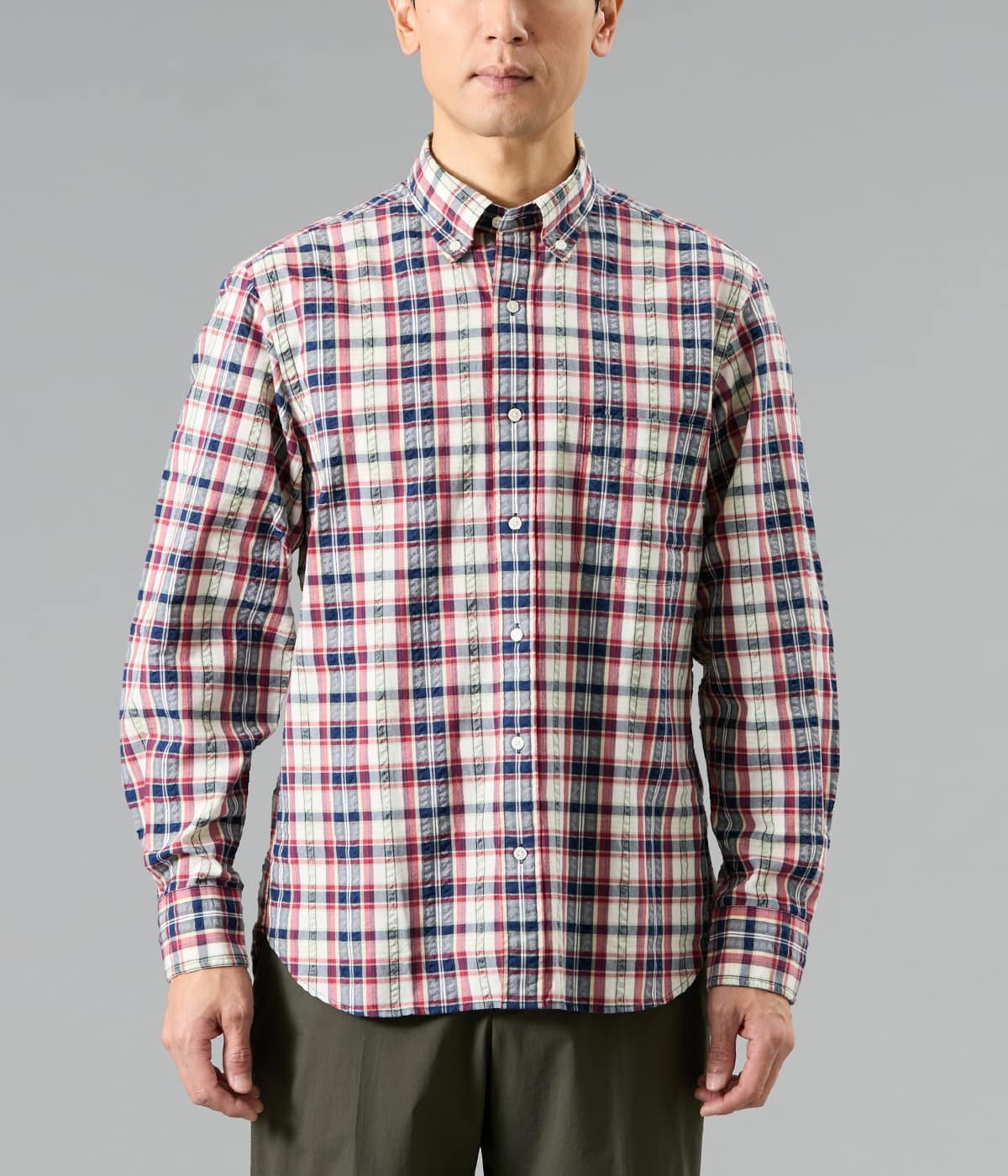 NEWYORKER MEN 【吸水速乾】サッカー デジタルミックスカラーチェック 長袖ショートボタンダウンシャツ ニューヨーカー トップス シャツ・ブラウス ワインレッド