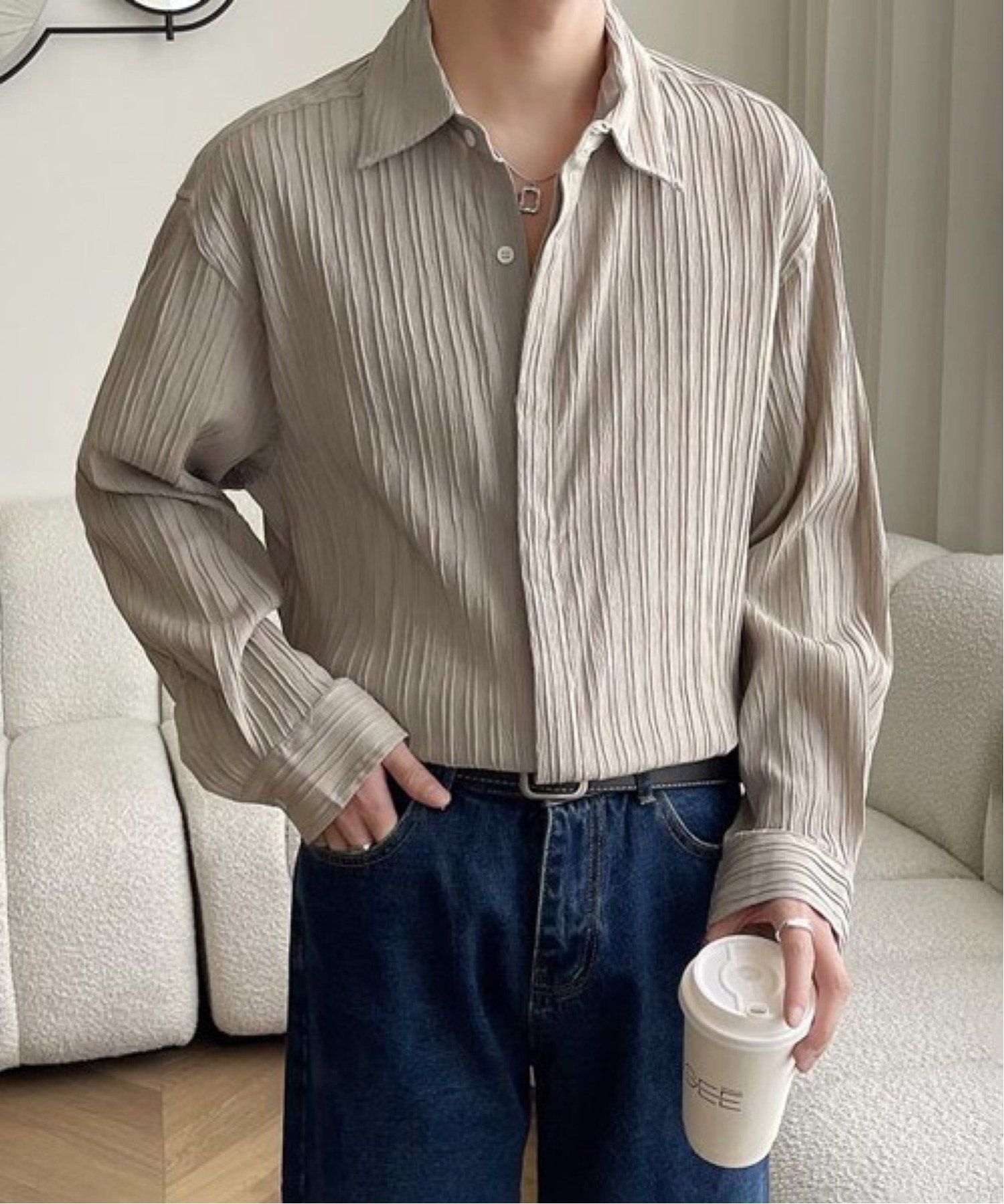 NOWLE NOWLE/(M)【NOWLE】ストライプ エンボス レギュラーカラー シャツ チェルカ トップス シャツ・ブラウス ホワイト ブラック ベージュ【送料無料】