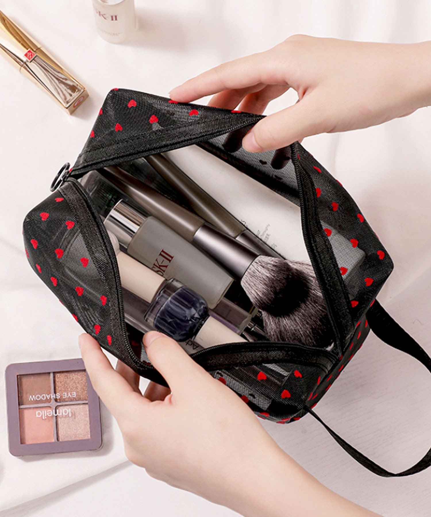 florist 【3点セット】ミニハートメッシュポーチ/トラベルポーチ(S・M・L/各1入り) フローリスト 財布・ポーチ・ケース ポーチ ブラック ベージュ 3