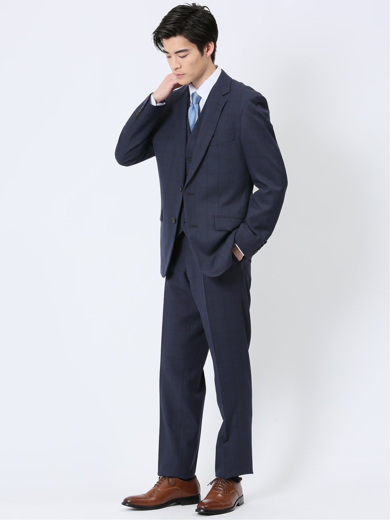 【SALE／30%OFF】TAKA-Q ストレッチウォッシャブル レギュラーフィット 2ボタン3ピーススーツ ウィンドペン紺 タカキュー スーツ・フォーマル セットアップスーツ ネイビー【送料無料】