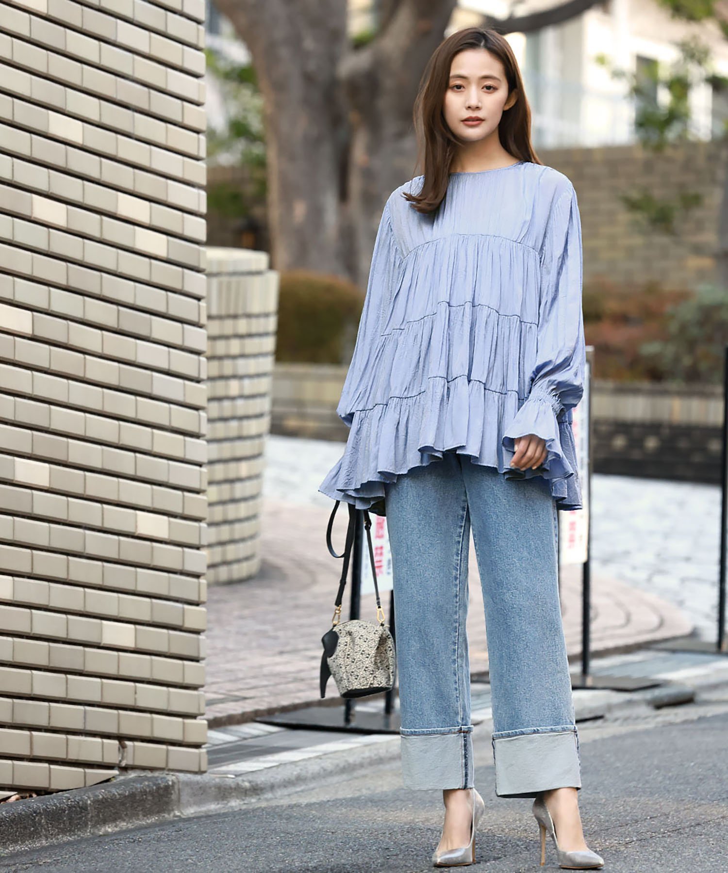 [SALE/27%OFF]ELFRANK 주름 가공 티어드 튜닉 블라우스[씻을 수 있는] 리버 필드 앤 코 탑스 셔츠·블라우스 블루[무료우송]