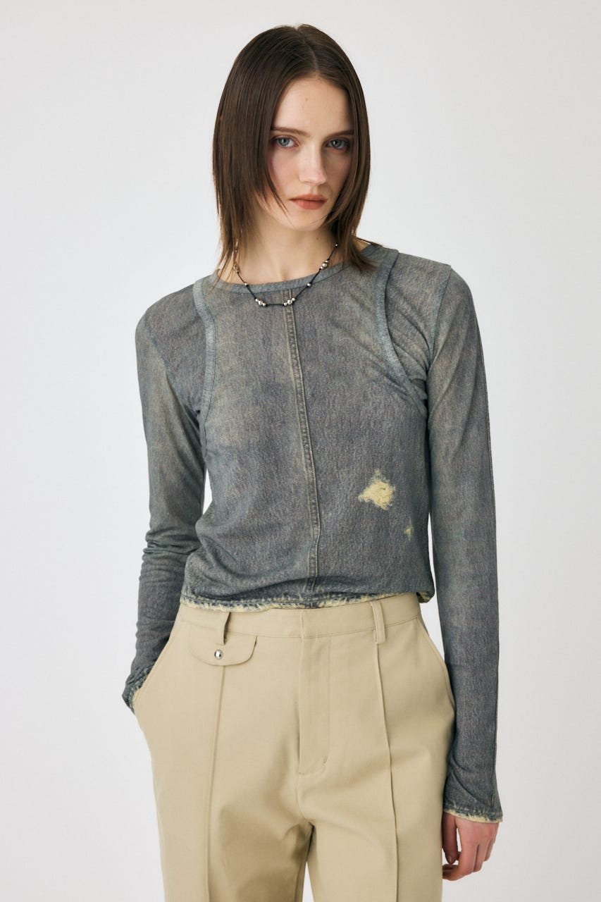 DENIM PRINT TRANSPARENT ロンT マウジー トップス カットソー・Tシャツ ブラック