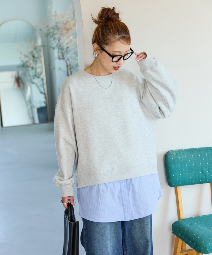 【SALE／40%OFF】FREAK'S STORE 裏起毛 スウェット × シャツ レイヤード風 トップス【限定展開】 25AW フリークスストア トップス スウェット・トレーナー グレー ブラック ベージュ ネイビー