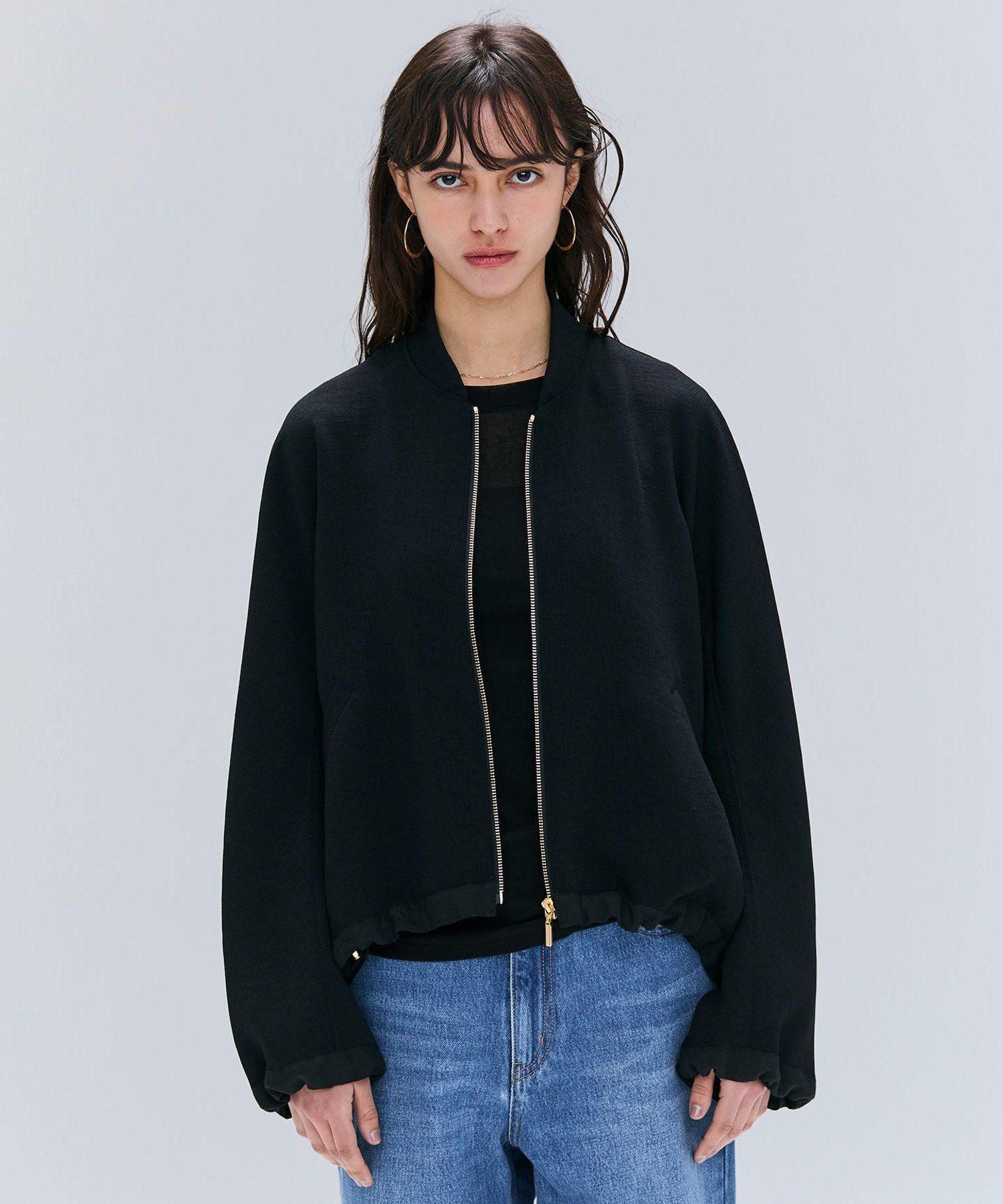 , 【洗える】POMONA / ゴールドジップライトブルゾン ベイジ, トップス カットソー・Tシャツ ブラック