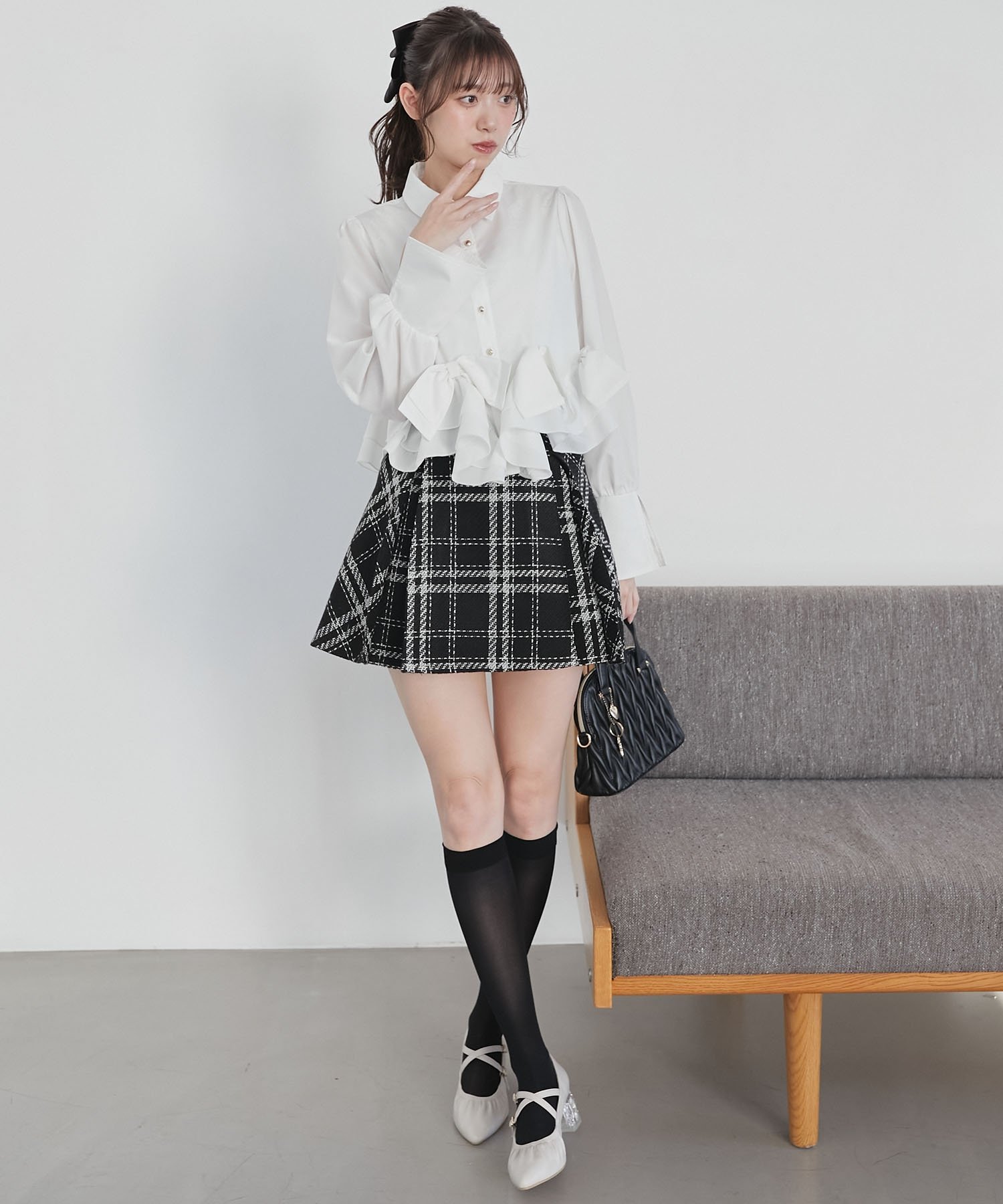 【SALE/30% OFF】MAJESTIC LEGON Box Pleated Flare Mini Skirt Pants Majestic Legon Skirt Mini Skirt Black White 【Free Shipping】