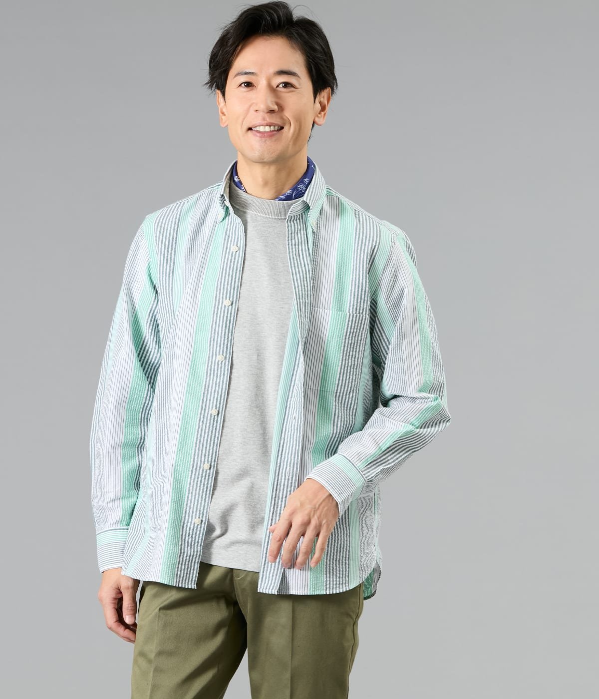 NEWYORKER MEN 【吸水速乾】サッカー マルチストライプ 長袖ショートボタンダウンシャツ ニューヨーカー トップス シャツ・ブラウス パープル グリーン