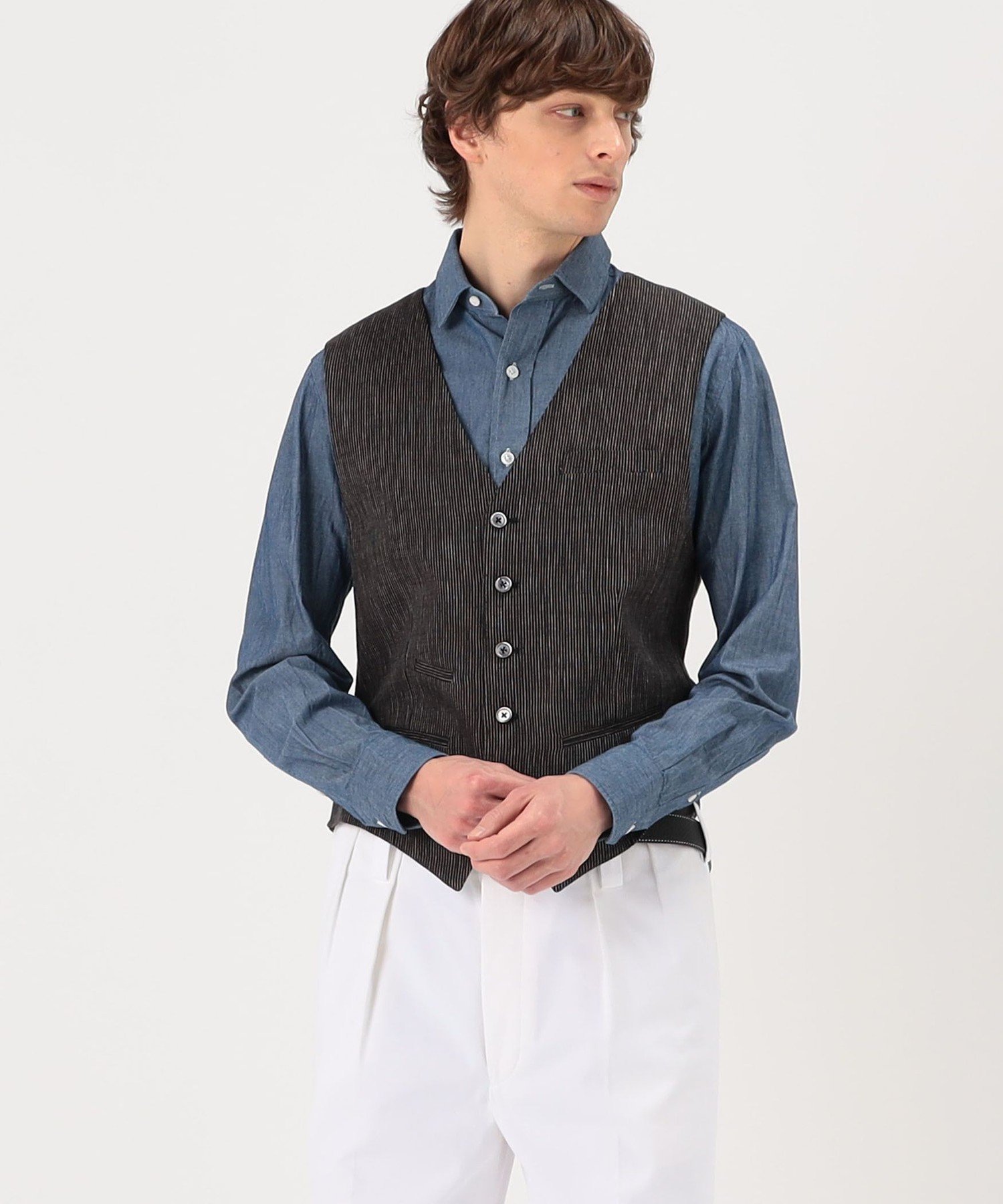 TOMORROWLAND BUYING WEAR ERRICO FORMICOLA リネンストライプ チェックベスト トゥモローランド トップス ベスト・ジレ ブラック【送料無料】