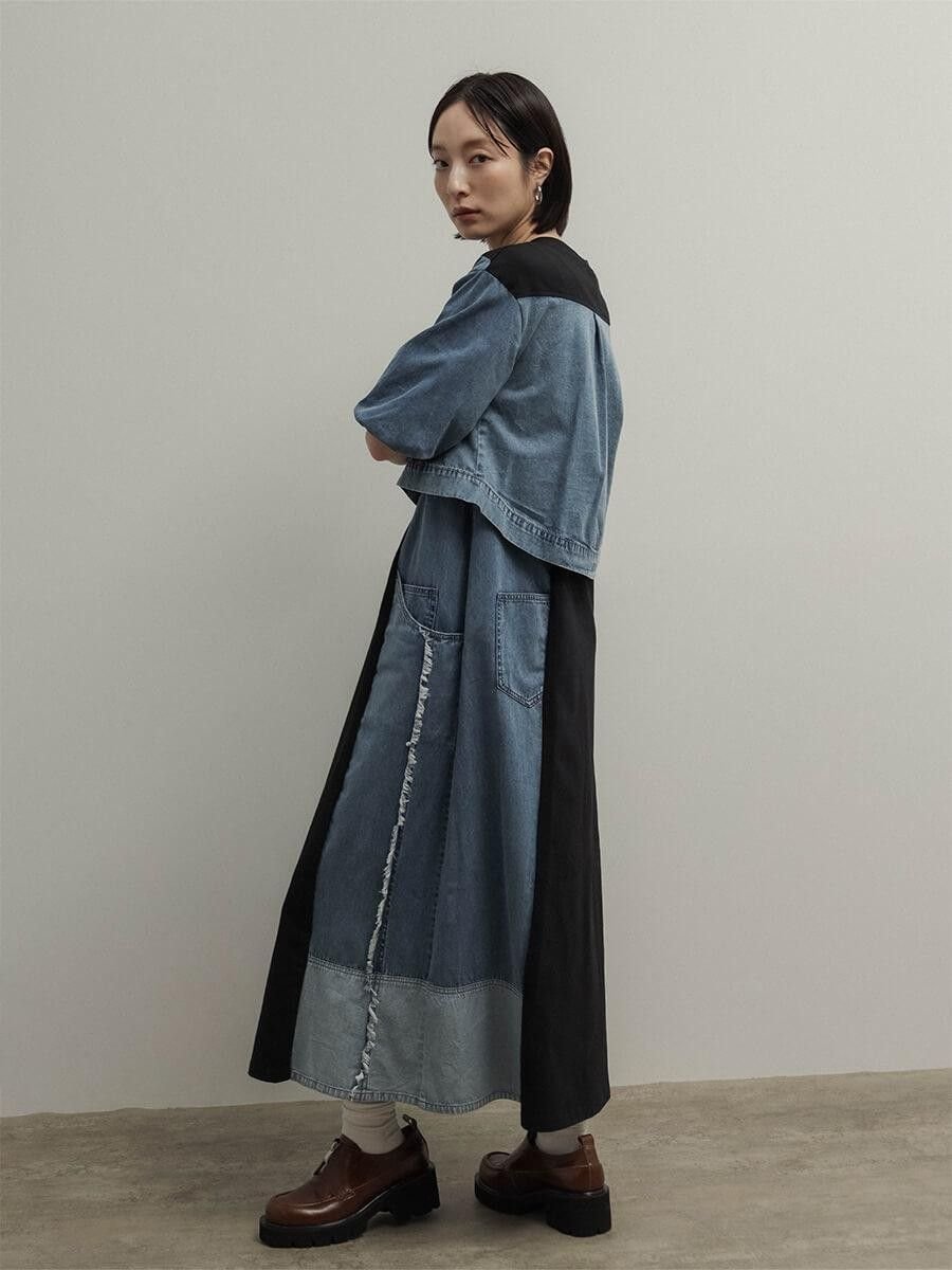 RADIATE デニムコンビバルーンスリーブワンピース ラシュッド ワンピース・ドレス その他のワンピース・ドレス ブルー ブラック