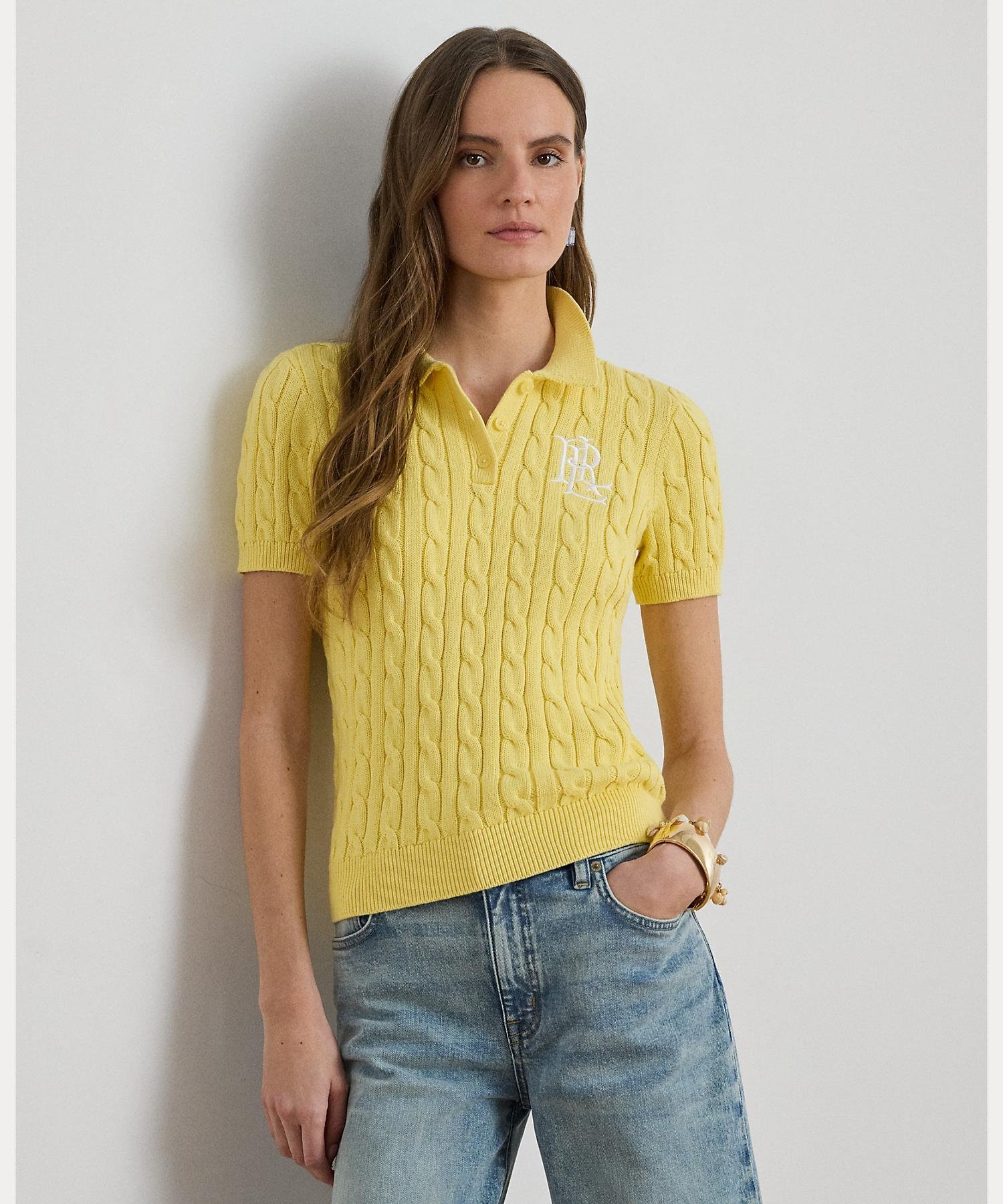 LAUREN RALPH LAUREN ケーブルニット コットン ポロ セーター ラルフローレン トップス ポロシャツ イエロー【送料無料】