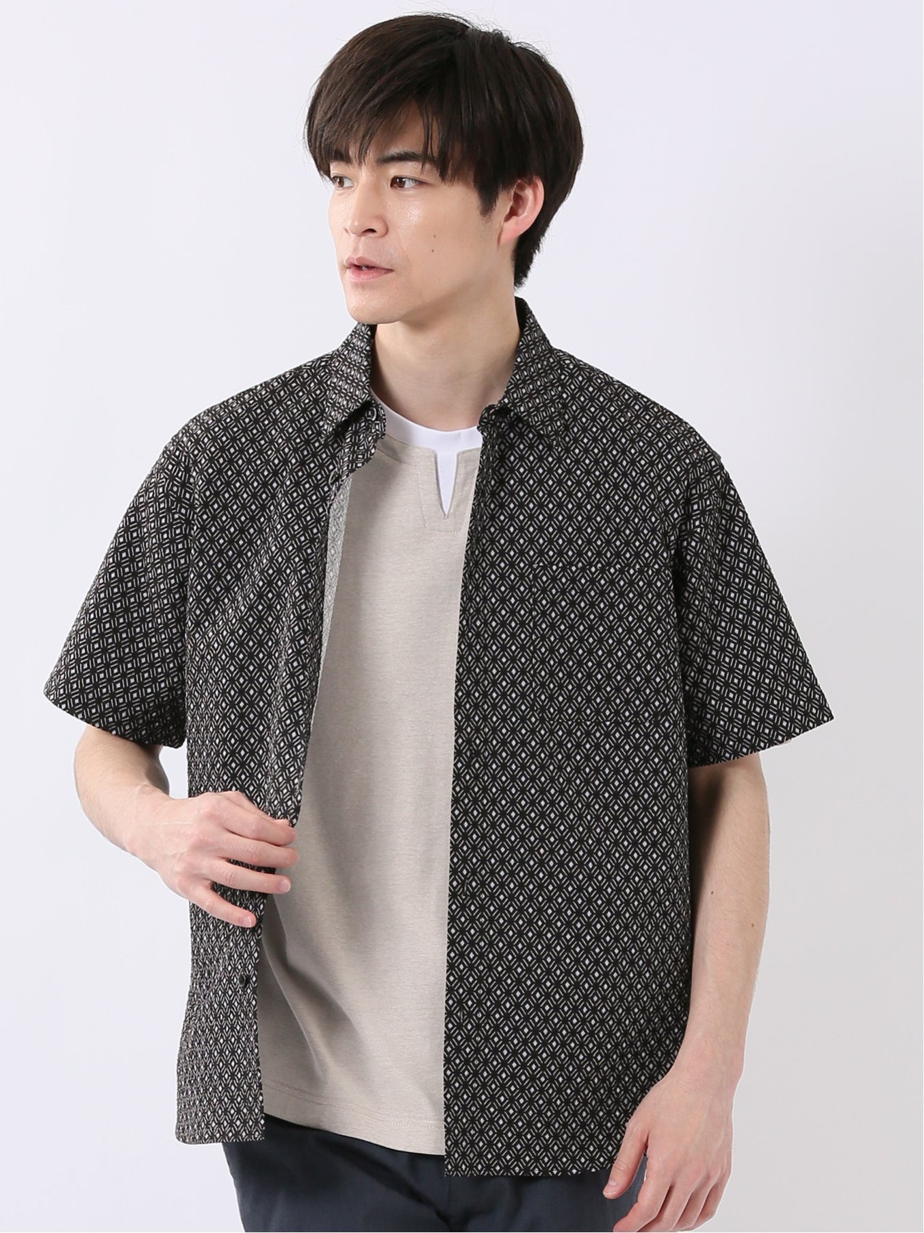 TAKA-Q 小紋 サッカー レギュラーカラー 半袖 シャツ タカキュー トップス シャツ・ブラウス ブルー ネイビー【送料無料】