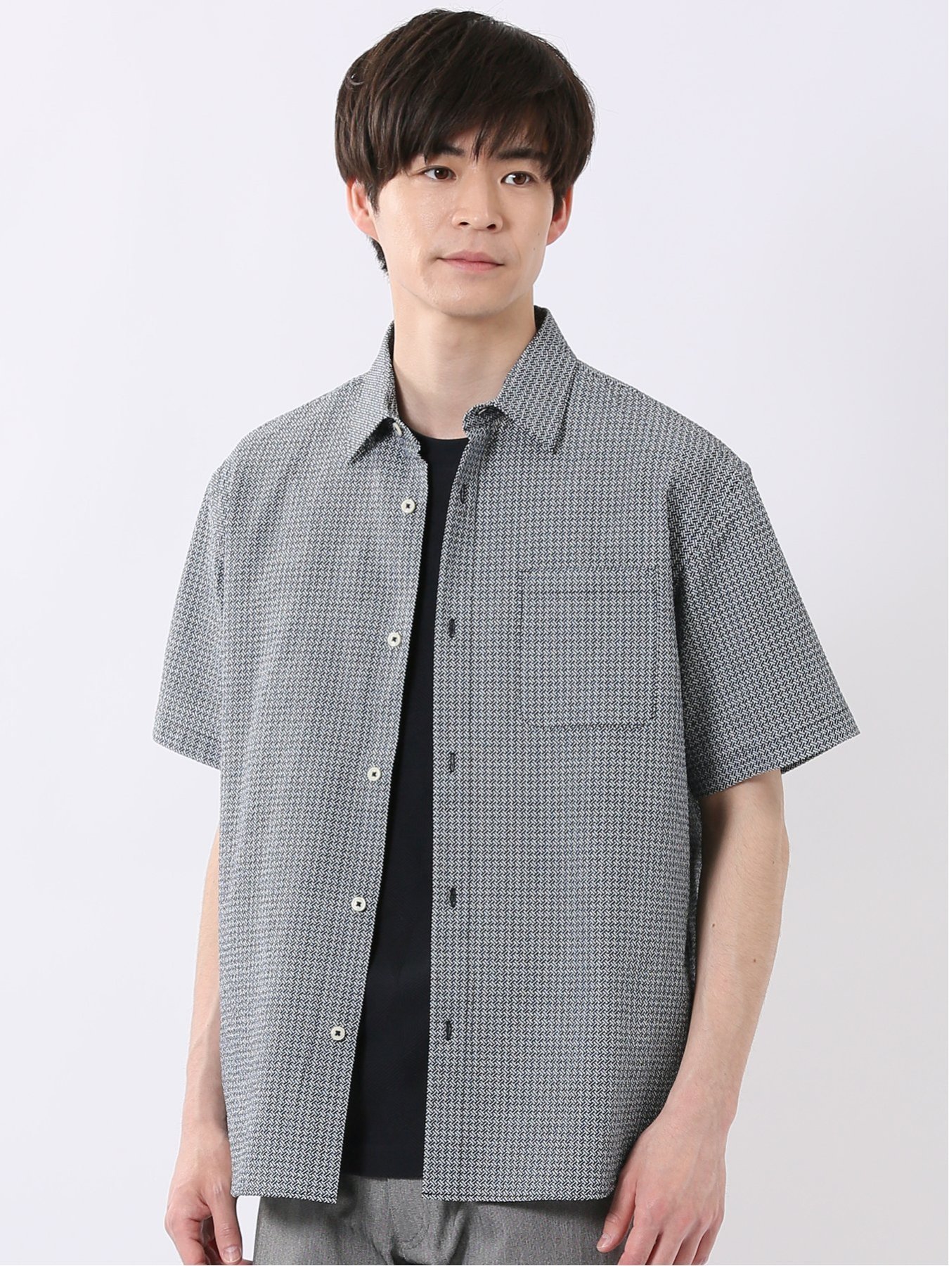 TAKA-Q 小紋 サッカー レギュラーカラー 半袖 シャツ タカキュー トップス シャツ・ブラウス ブルー ネイビー【送料無料】