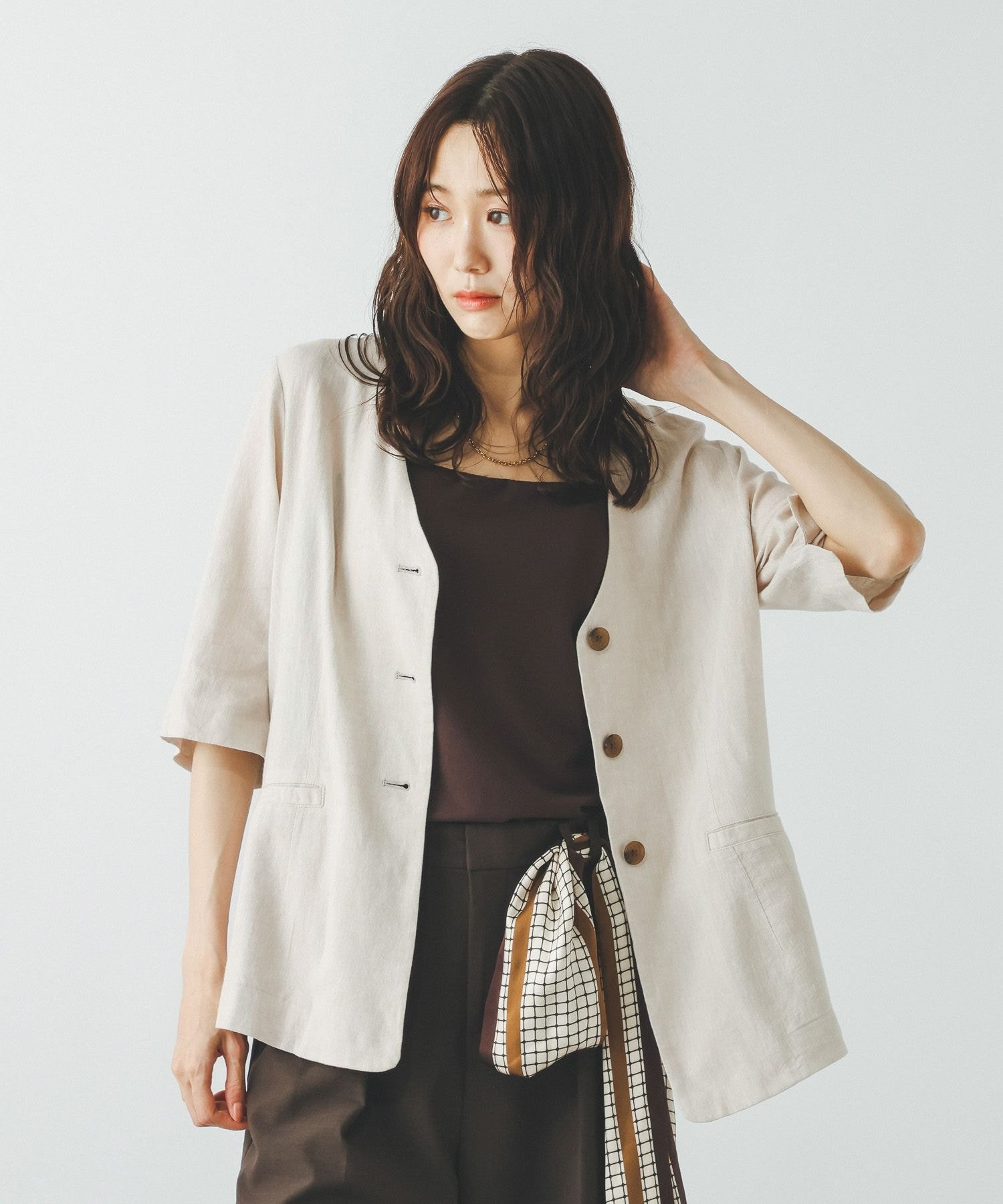 【SALE／50%OFF】GLOBAL WORK リネンレーヨンノーカラージャケット半袖/632435 グローバルワーク ジャケット・アウター ノーカラージャケット ベージュ グレー ブラウン stylife-15704316 Rakuten Fashion サンプル画像2