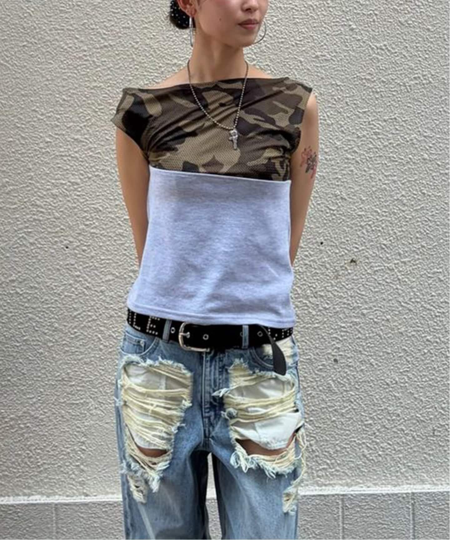 Oriens JOURNAL STANDARD カモフラージュメッシュパネルTEE オリエンス ジャーナルスタンダード トップス カットソー・Tシャツ グリーン グレー