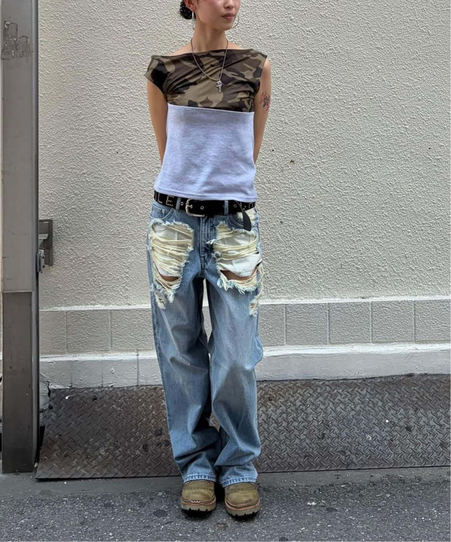 Oriens JOURNAL STANDARD カモフラージュメッシュパネルTEE オリエンス ジャーナルスタンダード トップス カットソー・Tシャツ グリーン グレー