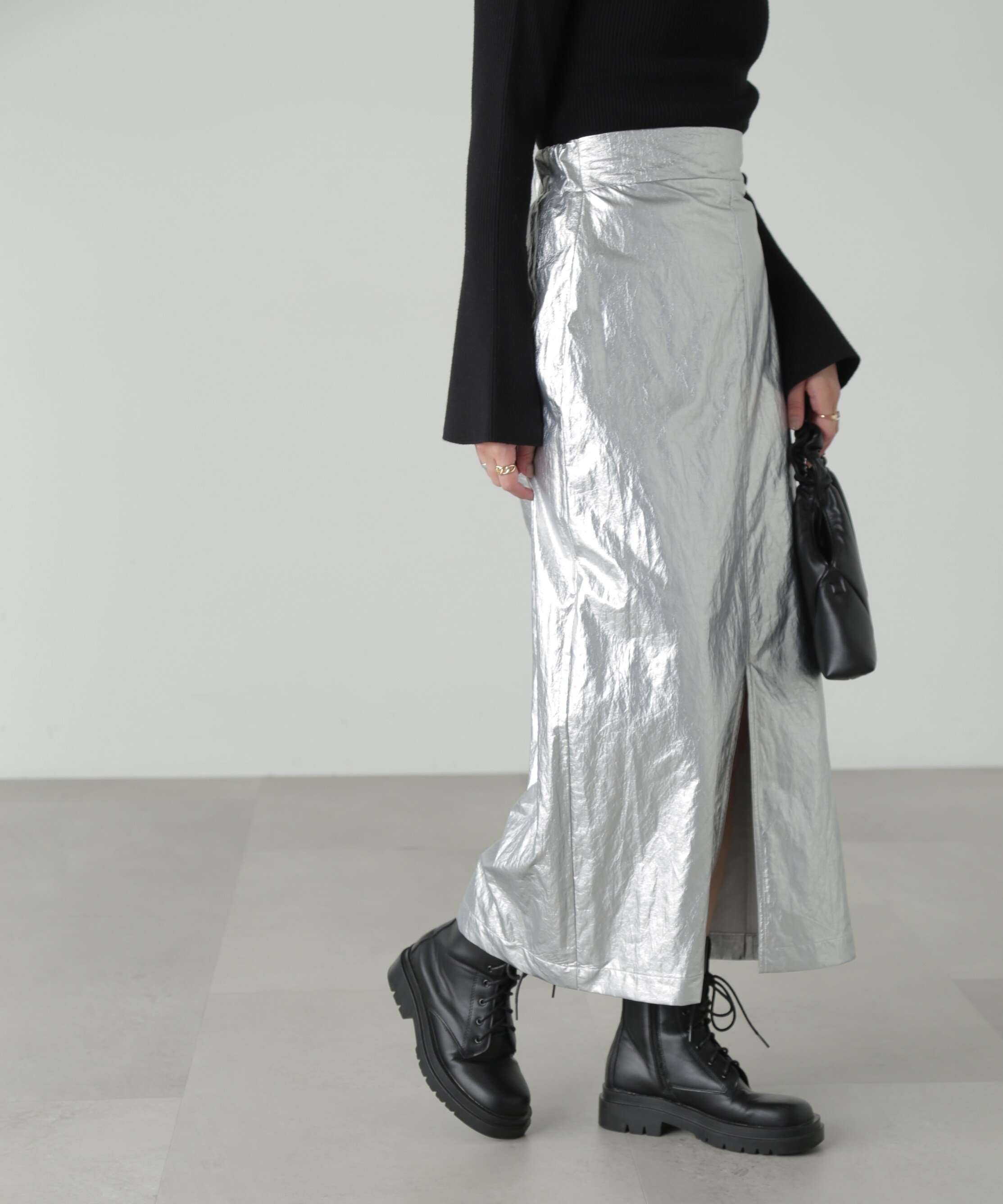 FREE'S MART 箔プリントナロースカート フリーズ マート スカート その他のスカート シルバー ブラック【送料無料】のサムネイル