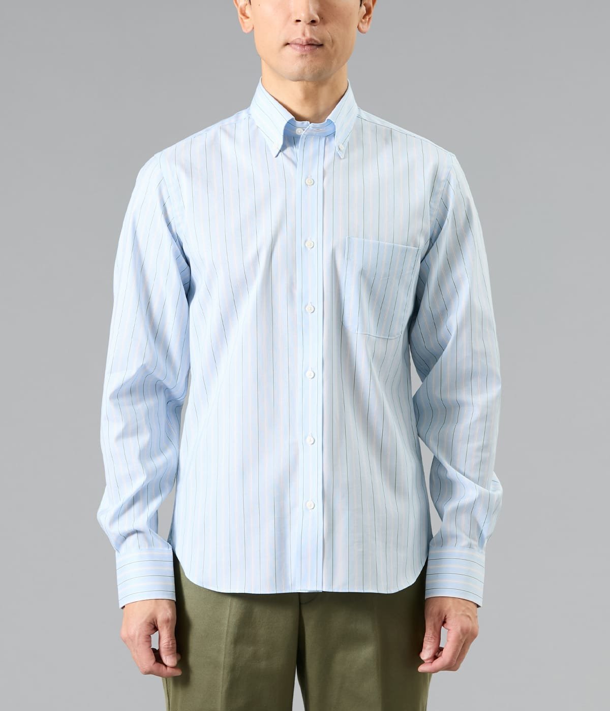 NEWYORKER MEN NY FitEase サックスオルタネイトストライプ 長袖ショートボタンダウンシャツ ニューヨーカー トップス シャツ・ブラウス ブルー