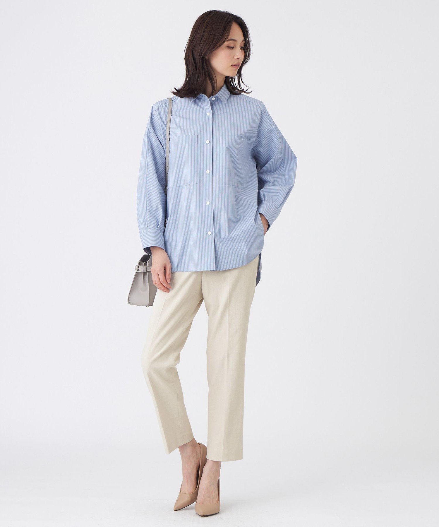 TRANS WORK 【L】【ウォッシャブル】ブルーストライプシャツ サンヨー エルサイズ トップス シャツ・ブラウス ブルー【送料無料】