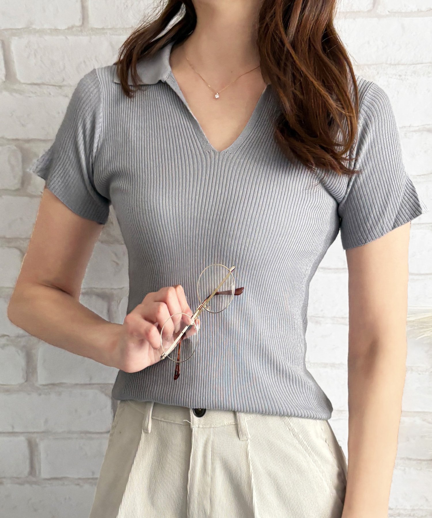 【SALE/67%OFF】Dewlily 【Dewlily】スキッパー半袖ポロニット アミュレット トップス ニット ブラック ホワイト グリーン グレー イエ...