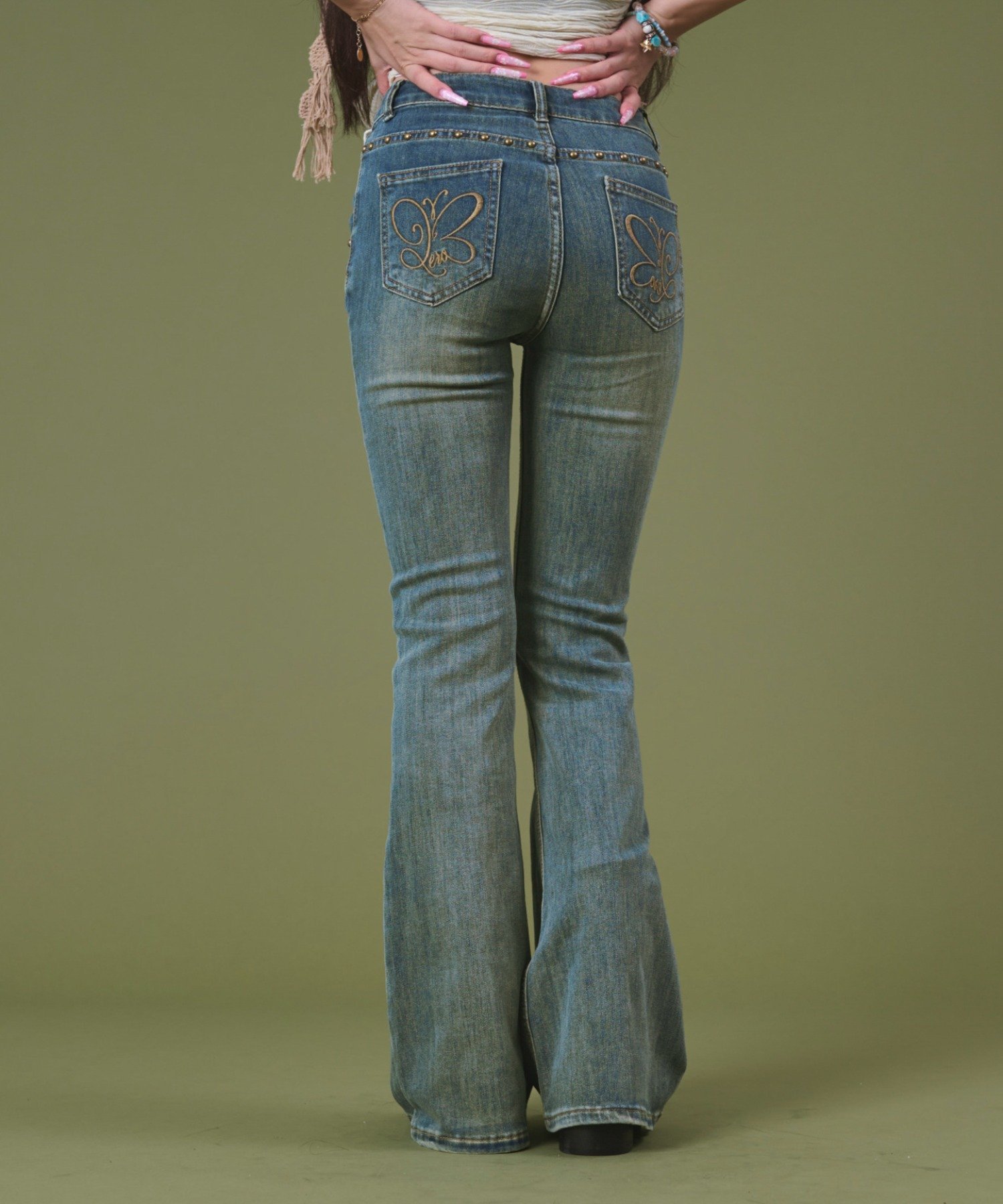 【SALE／25%OFF】WEGO LADY'S バタフライ刺繍スタッズフレアデニム ウィゴー パンツ ジーンズ・デニムパンツ【送料無料】