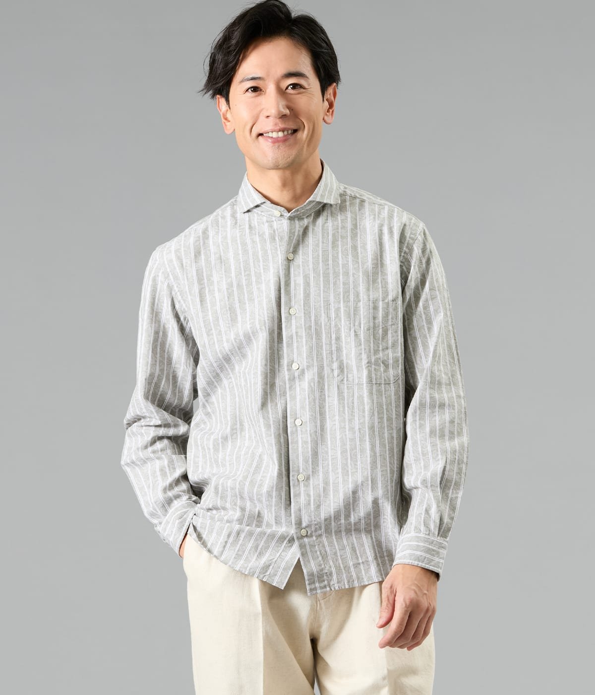 NEWYORKER MEN ジャカード ストライプ 長袖カッタウェイカラーシャツ ニューヨーカー トップス シャツ・ブラウス ネイビー