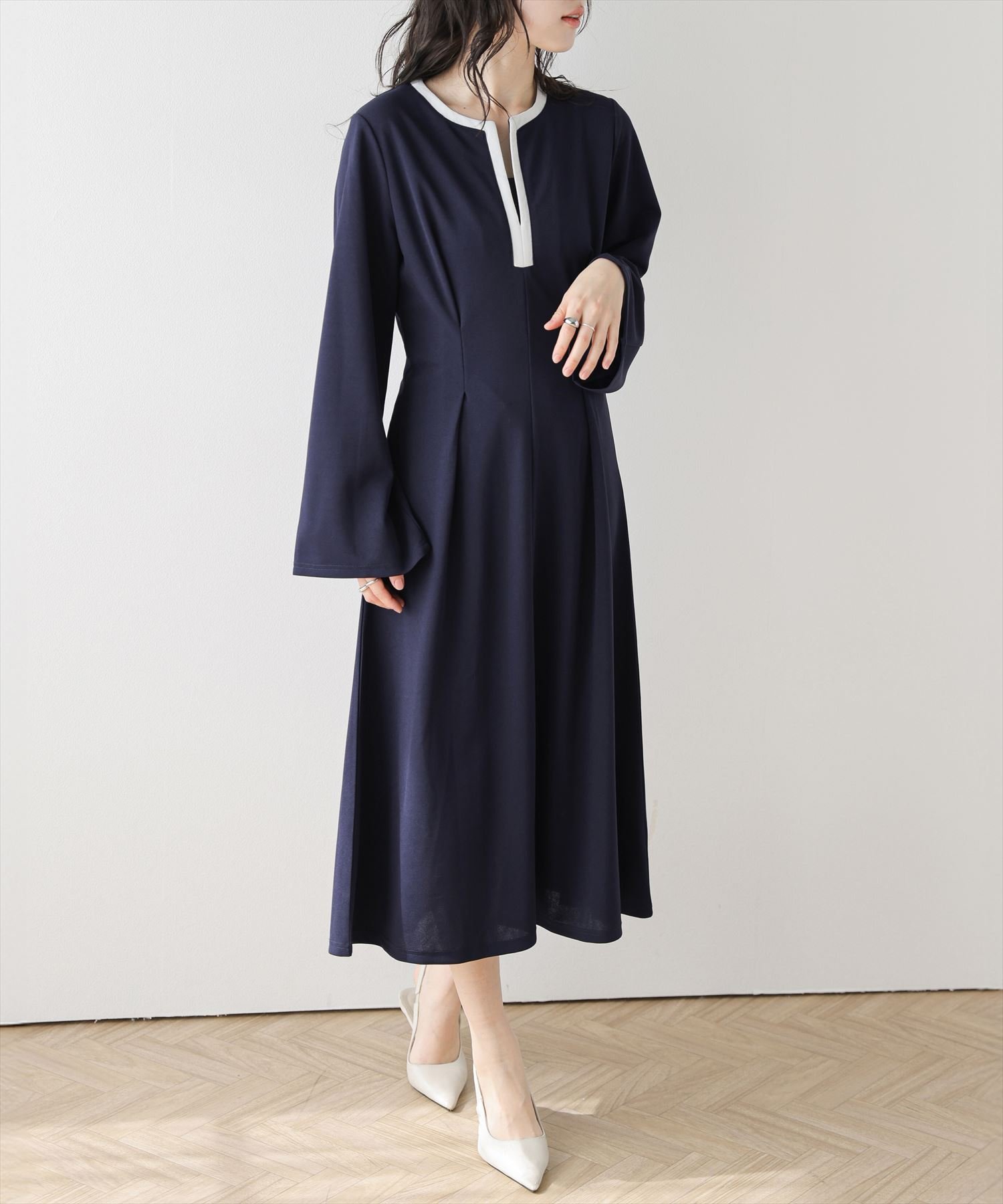 La-gemme 配色キーネックロングワンピース ラジュール ワンピース・ドレス ワンピース ネイビー ブラック ベージュ