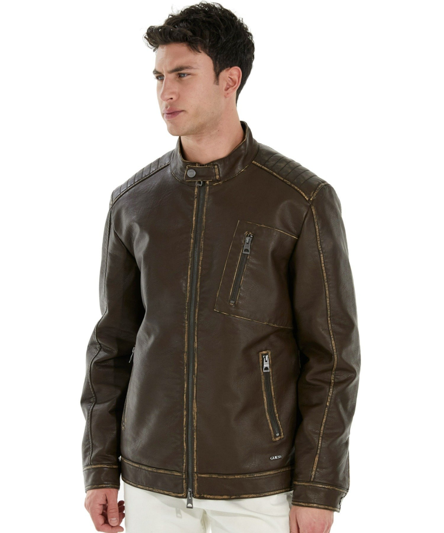 GUESS GUESS ジャケット (M)Pu Leather Washed Jacket ゲス ジャケット・アウター ライダースジャケット ブラウン ブラック