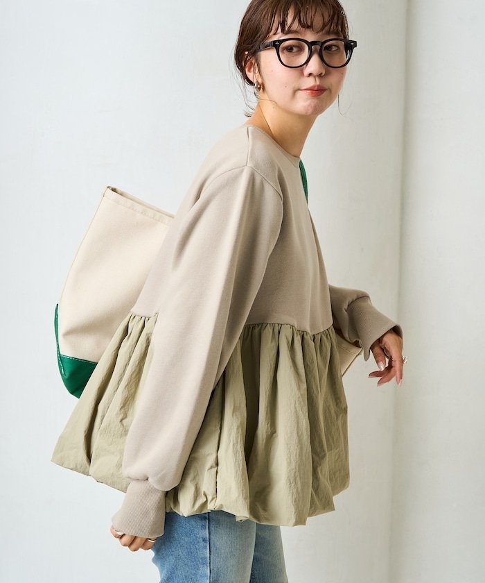 【SALE／20%OFF】FREAK'S STORE 切り替え 布帛 ドッキング バルーン チュニック【限定展開】 24AW フリークスストア トップス スウェット・トレーナー ベージュ ブラック ブルー【送料無料】のサムネイル