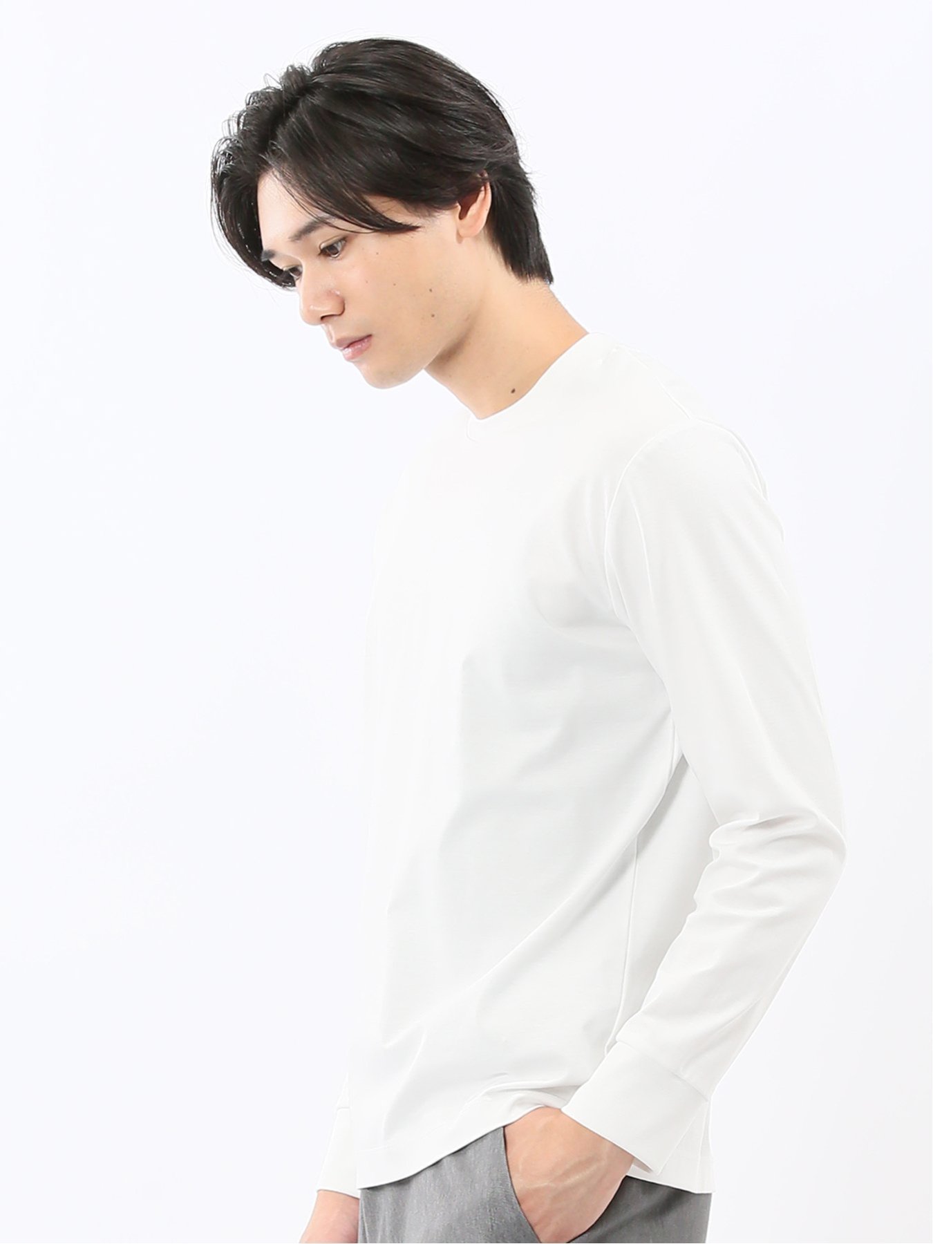 【SALE／20%OFF】TAKA-Q 【DRESS T-SHIRT】シルケットスムス スロープネック 長袖Tシャツ タカキュー トップス カットソー・Tシャツ ネイビー ホワイト