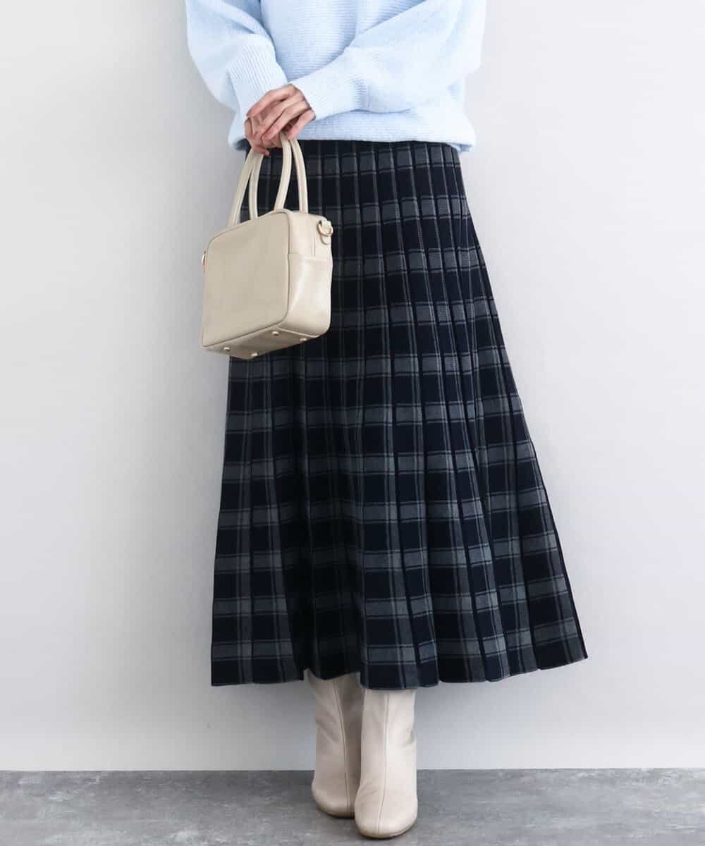 MK MICHEL KLEIN チェック柄プリーツニットスカート/洗える エムケーミッシェルクラン スカート ロング・マキシスカート ネイビー ベージュ【送料無料】(4)