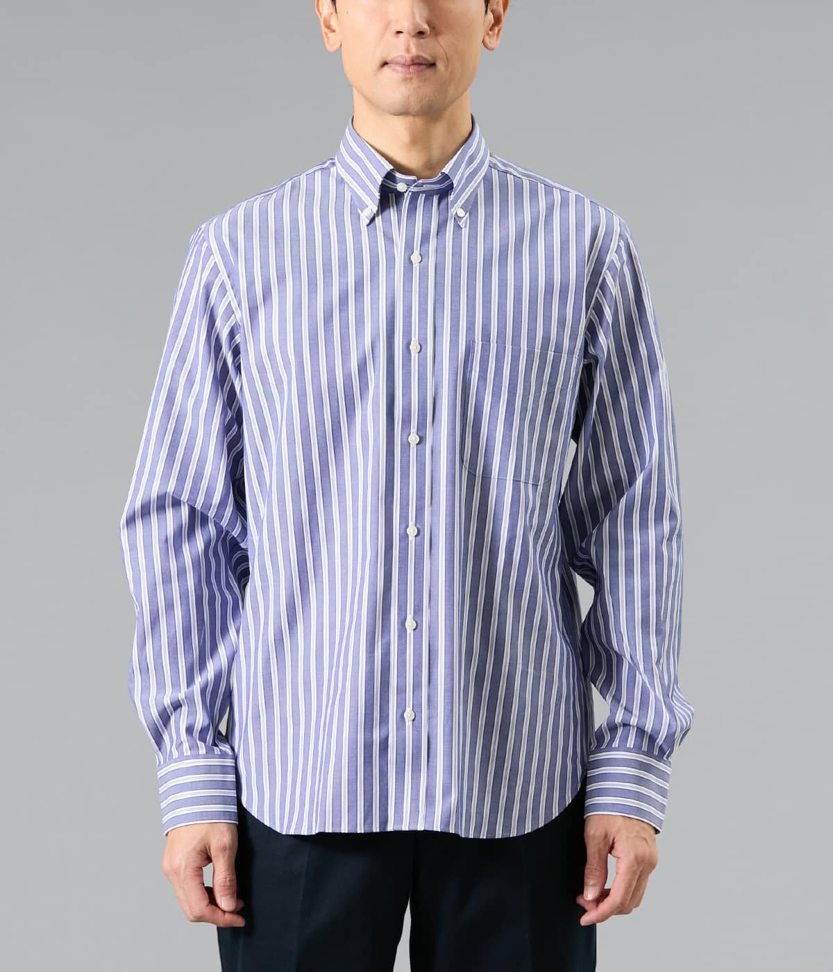 NEWYORKER MEN NY FitEase リバースストライプ 長袖ショートボタンダウンシャツ ニューヨーカー トップス シャツ・ブラウス ブルー