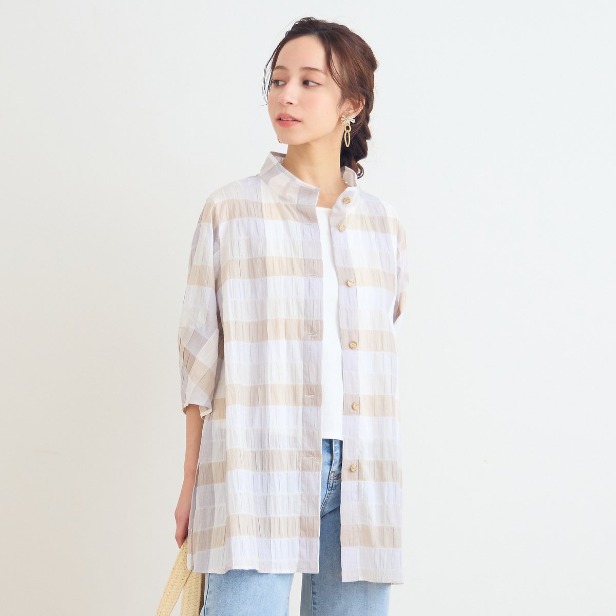 Liliane Burty Eclat 【洗える】コットンブロックチェックブラウス リリアンビューティ エクラ トップス シャツ・ブラウス ブルー