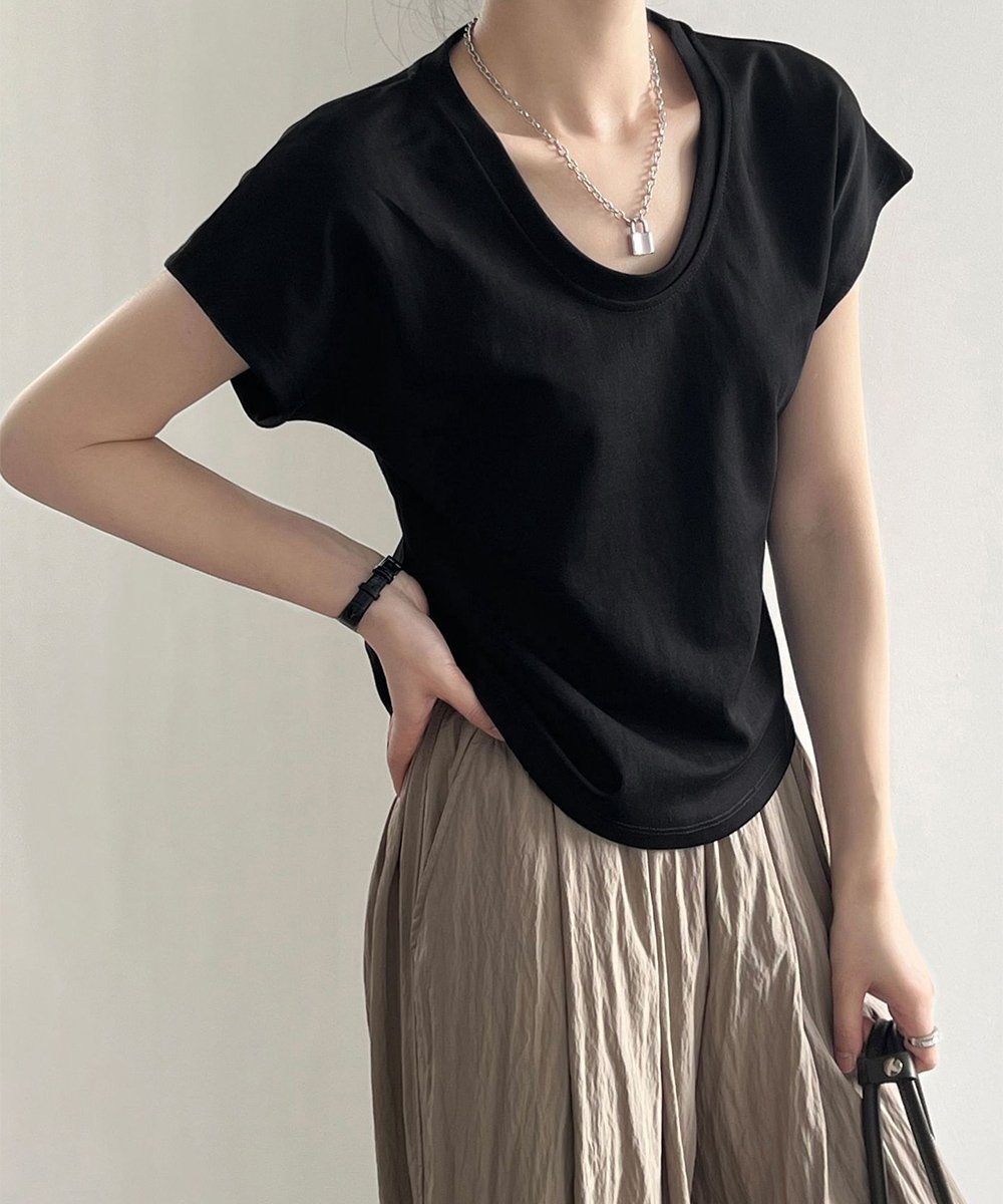 Uネックカットソー 韓国風 半袖Tシャツ ミニミニストア トップス カットソー・Tシャツ ホワイト カーキグリーン ブラック グレー