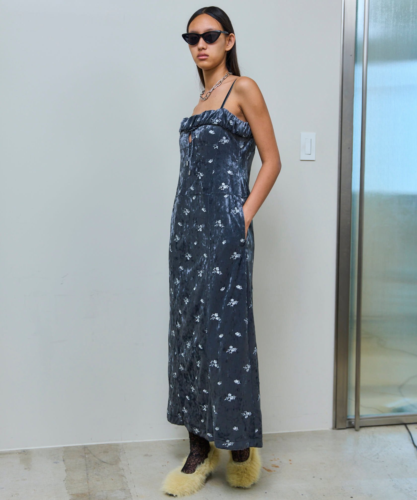 MAISON SPECIAL Flower Embroidery Velour Camisole Dress メゾンスペシャル ワンピース・ドレス ワンピース グレー