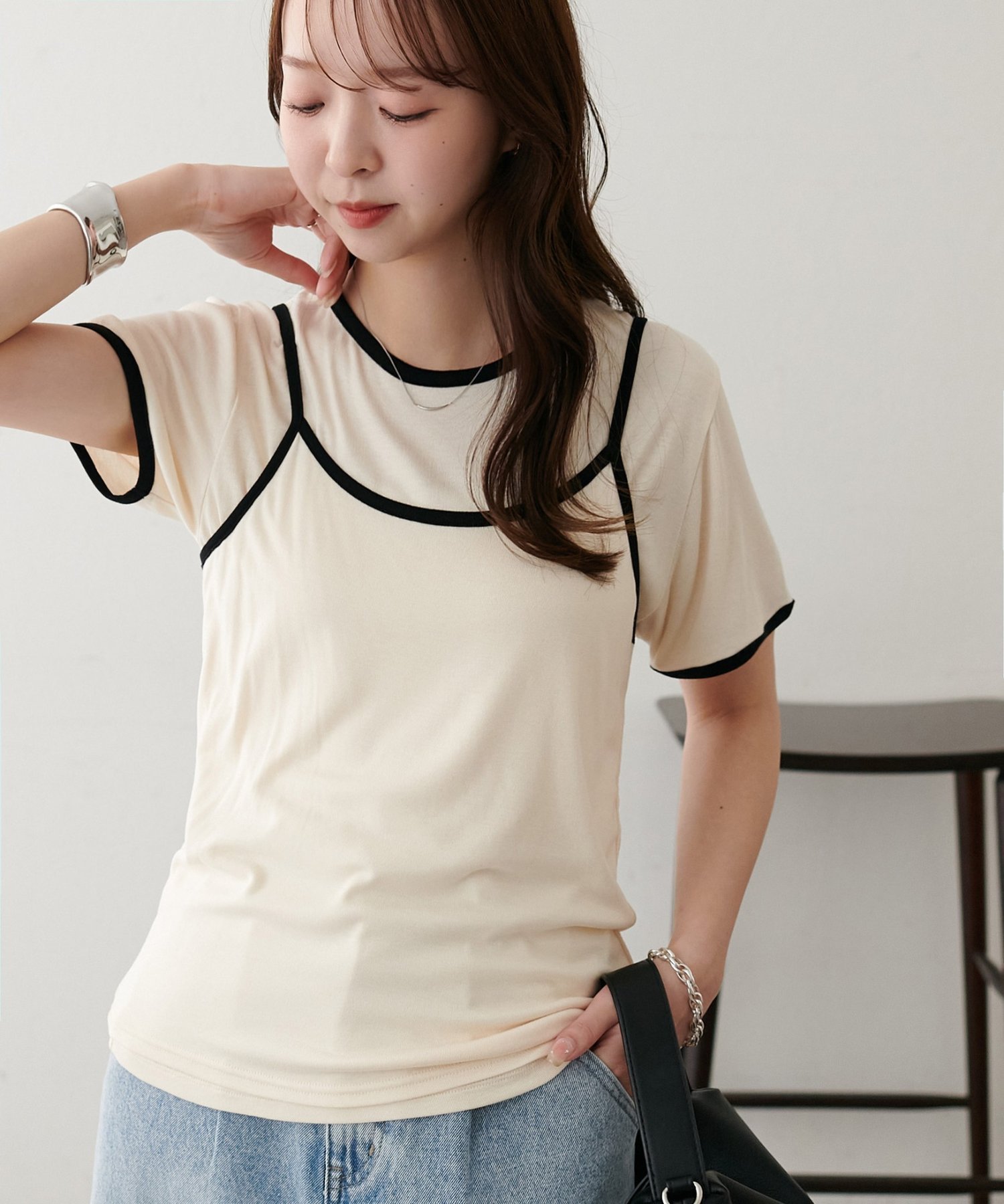 【WEB限定】配色キャミソール×Tシャツセット ディスコート トップス カットソー・Tシャツ ホワイト ブラウン グレー