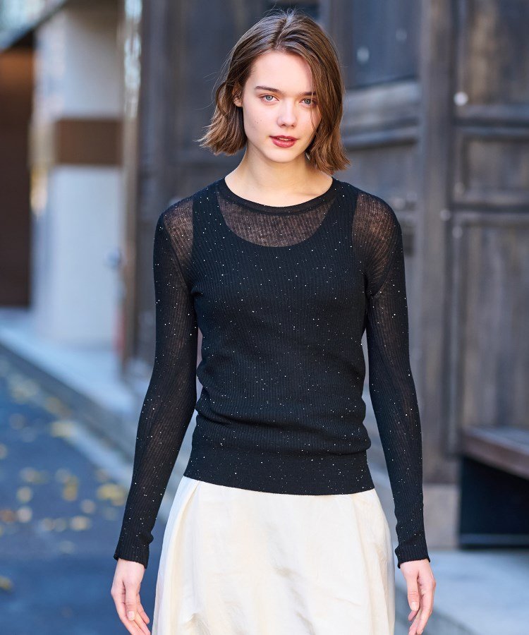【SALE／50%OFF】DRESSTERIOR 【エアリー素材/華やか】スパンコールシアーニット ドレステリア トップス ニット ブラック グリーン【送料無料】