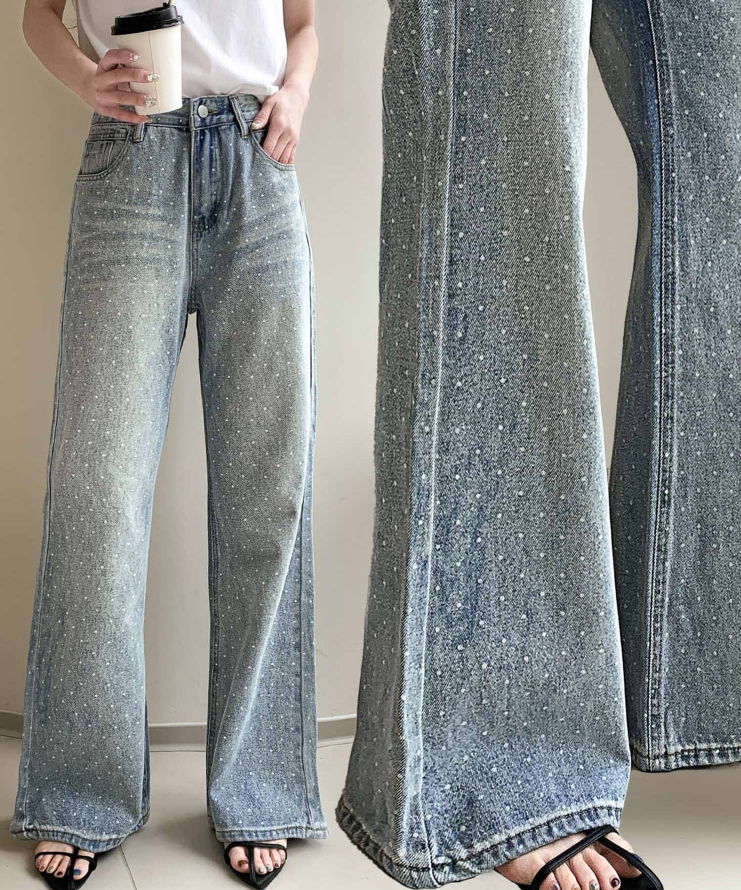 LOWO ドット柄裾フレアデニムパンツ リバーフィールド アンド コー パンツ ジーンズ・デニムパンツ グレー ブルー