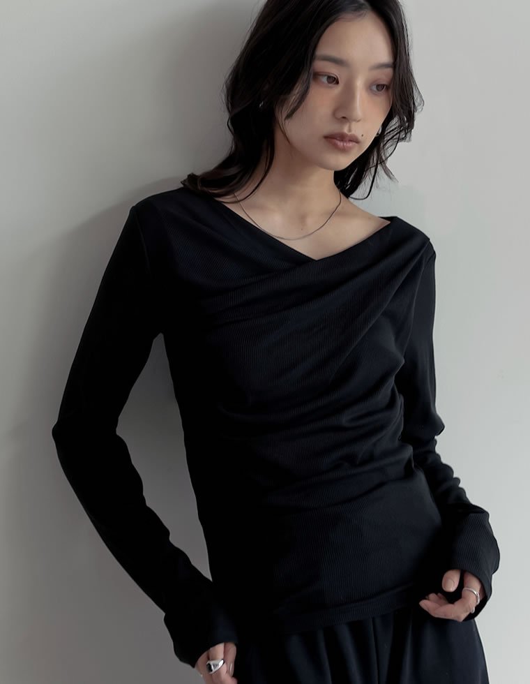 Re:EDIT リブカットソードレープオフショルトップス リエディ トップス カットソー・Tシャツ グレー ホワイト ブラック