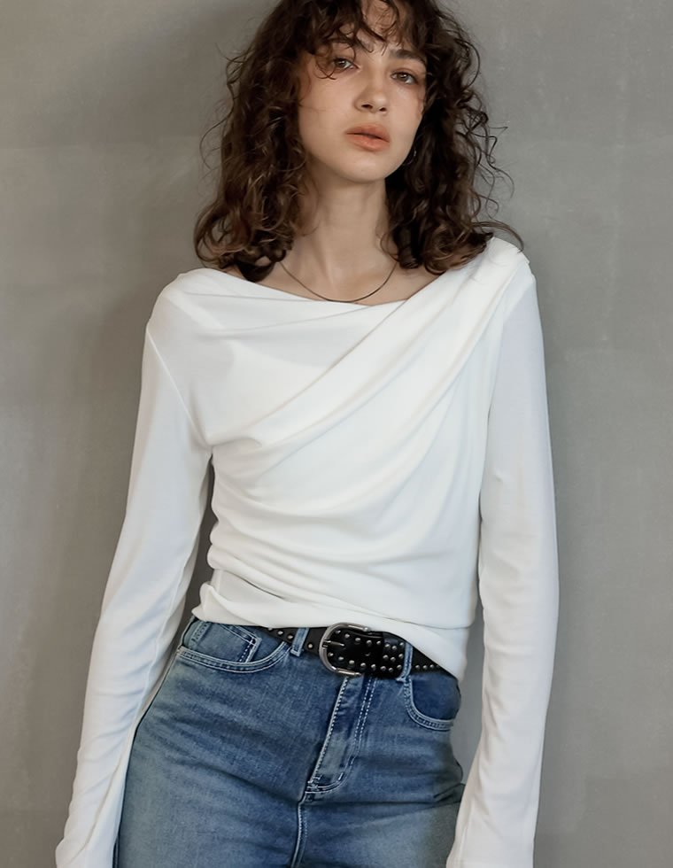 Re:EDIT リブカットソードレープオフショルトップス リエディ トップス カットソー・Tシャツ グレー ホワイト ブラック