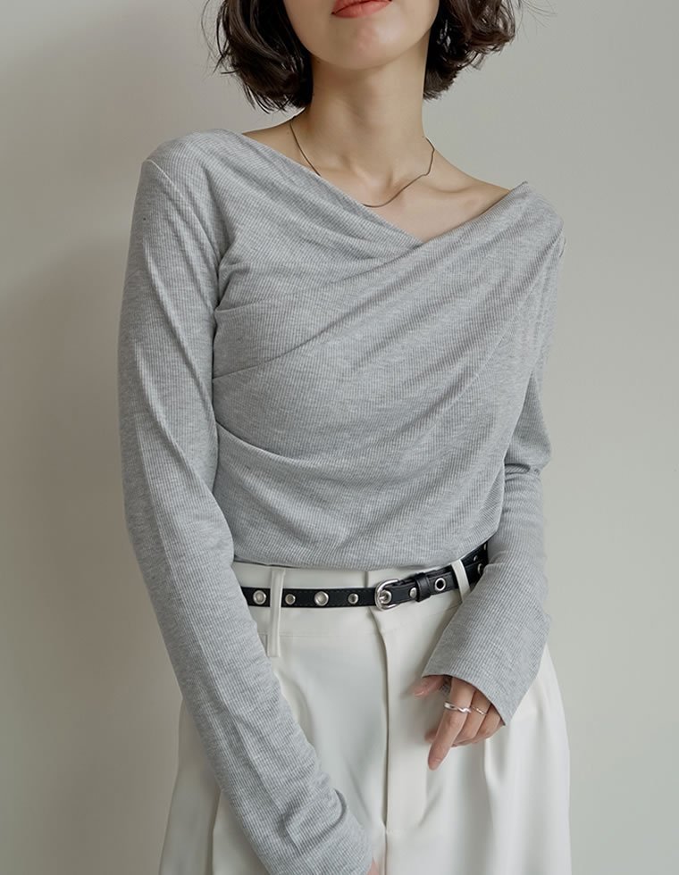 Re:EDIT リブカットソードレープオフショルトップス リエディ トップス カットソー・Tシャツ グレー ホワイト ブラック